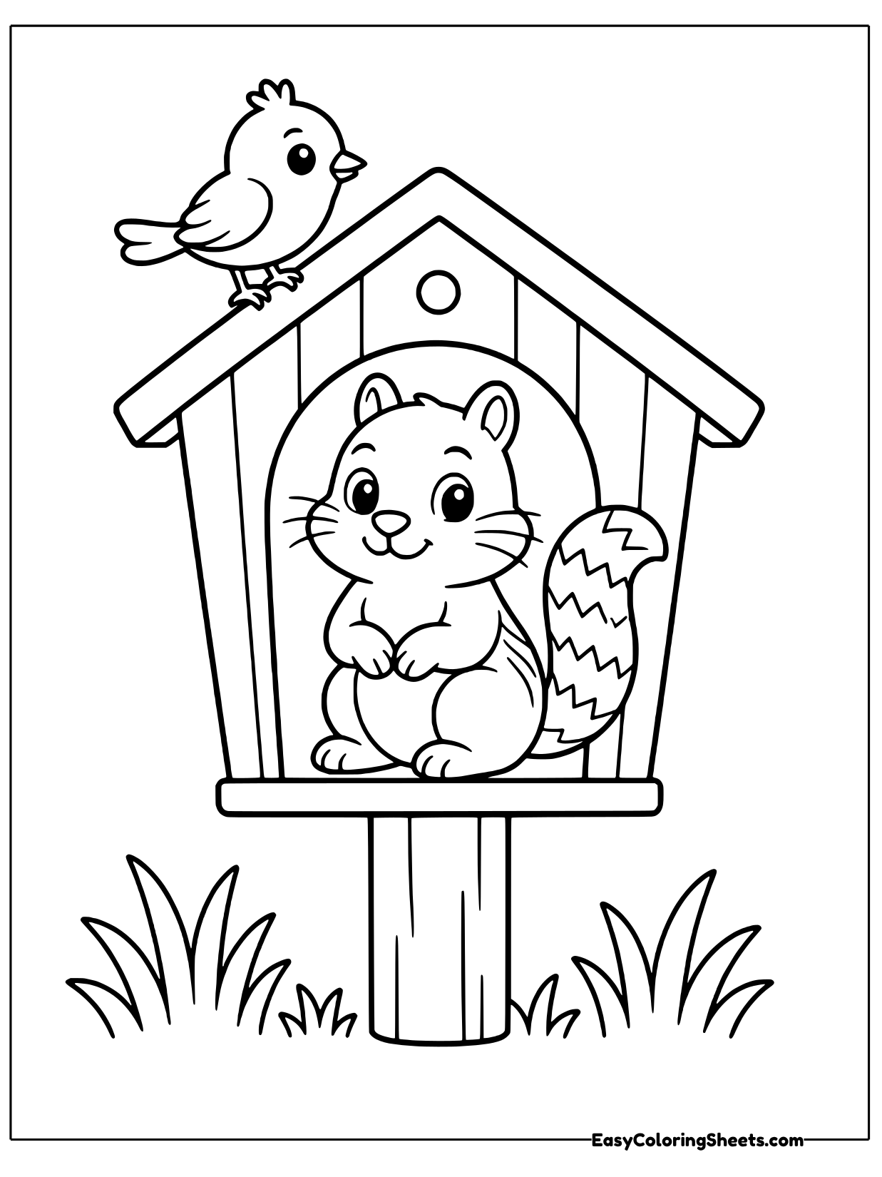 A chipmunk sits inside the doorway of a tall birdhouse on a post while a little bird perches on the roof.