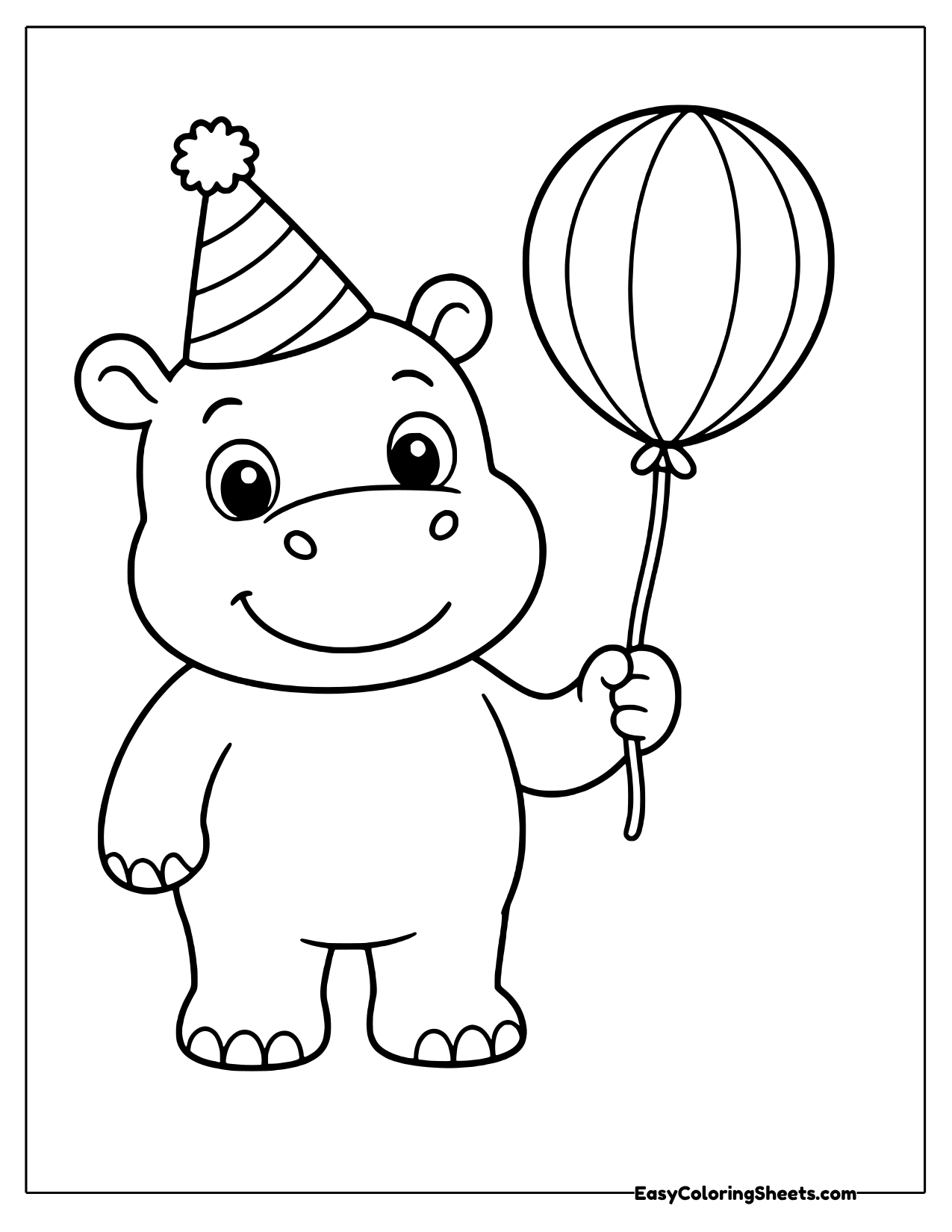 Hippo in a party hat holding a striped balloon