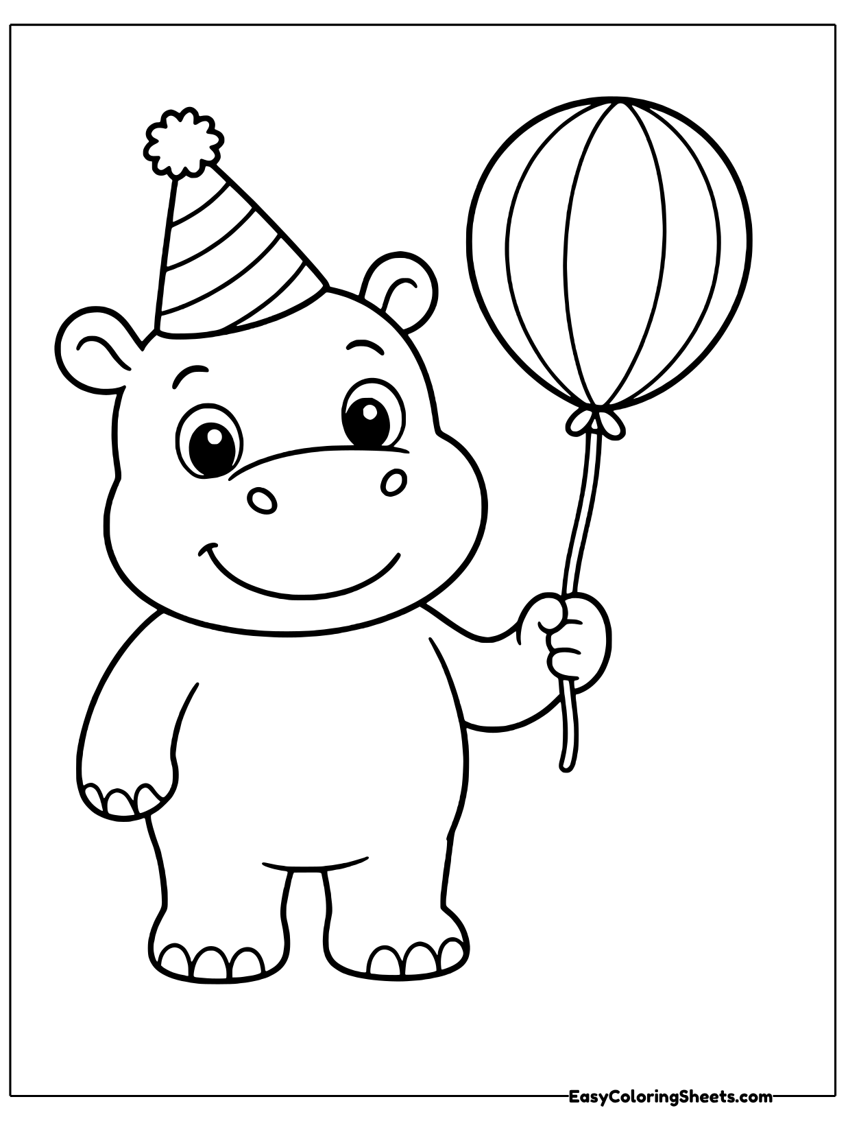 This party hippo wears a pointed hat with a pom pom and holds a striped balloon on a string.