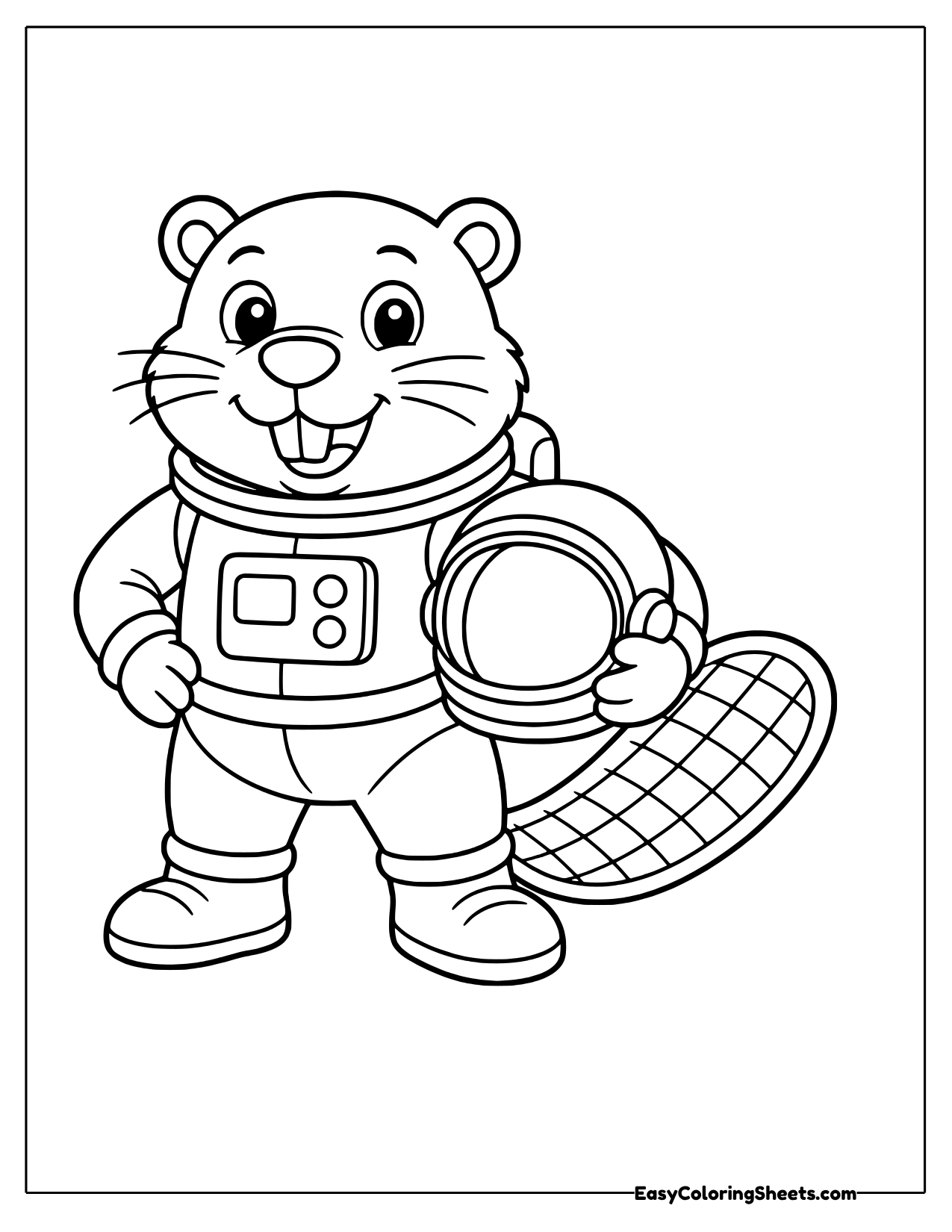 Beaver astronaut in a space suit holding its helmet