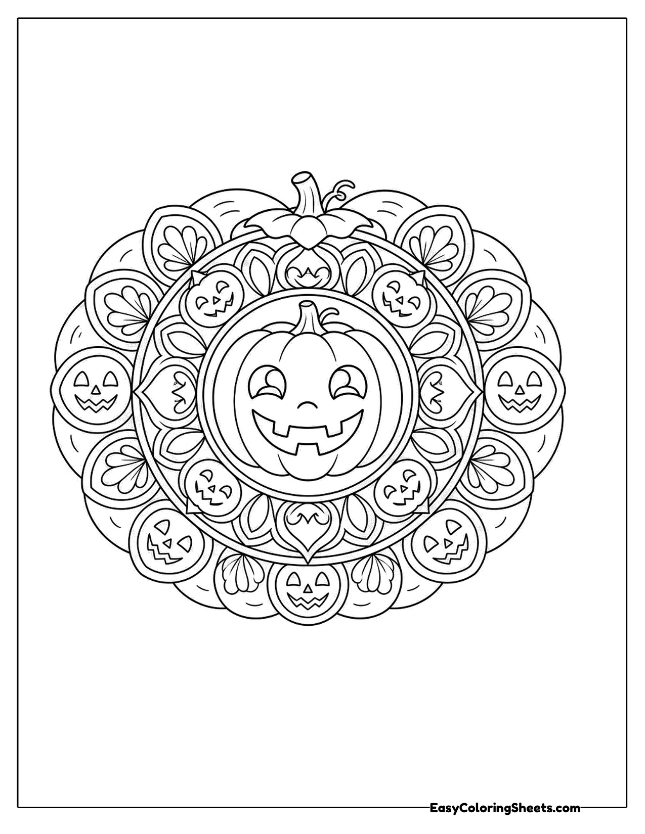Round pumpkin mandala with a jack o lantern face