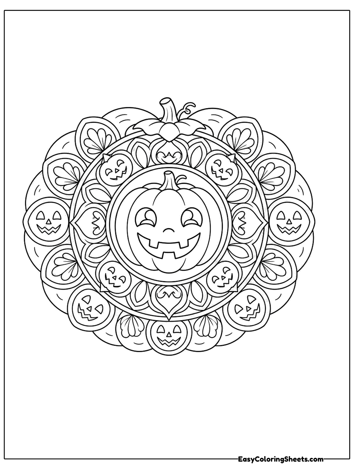 A grinning jack o lantern sits in the heart of this round mandala, ringed by smaller pumpkin faces and leafy swirls.