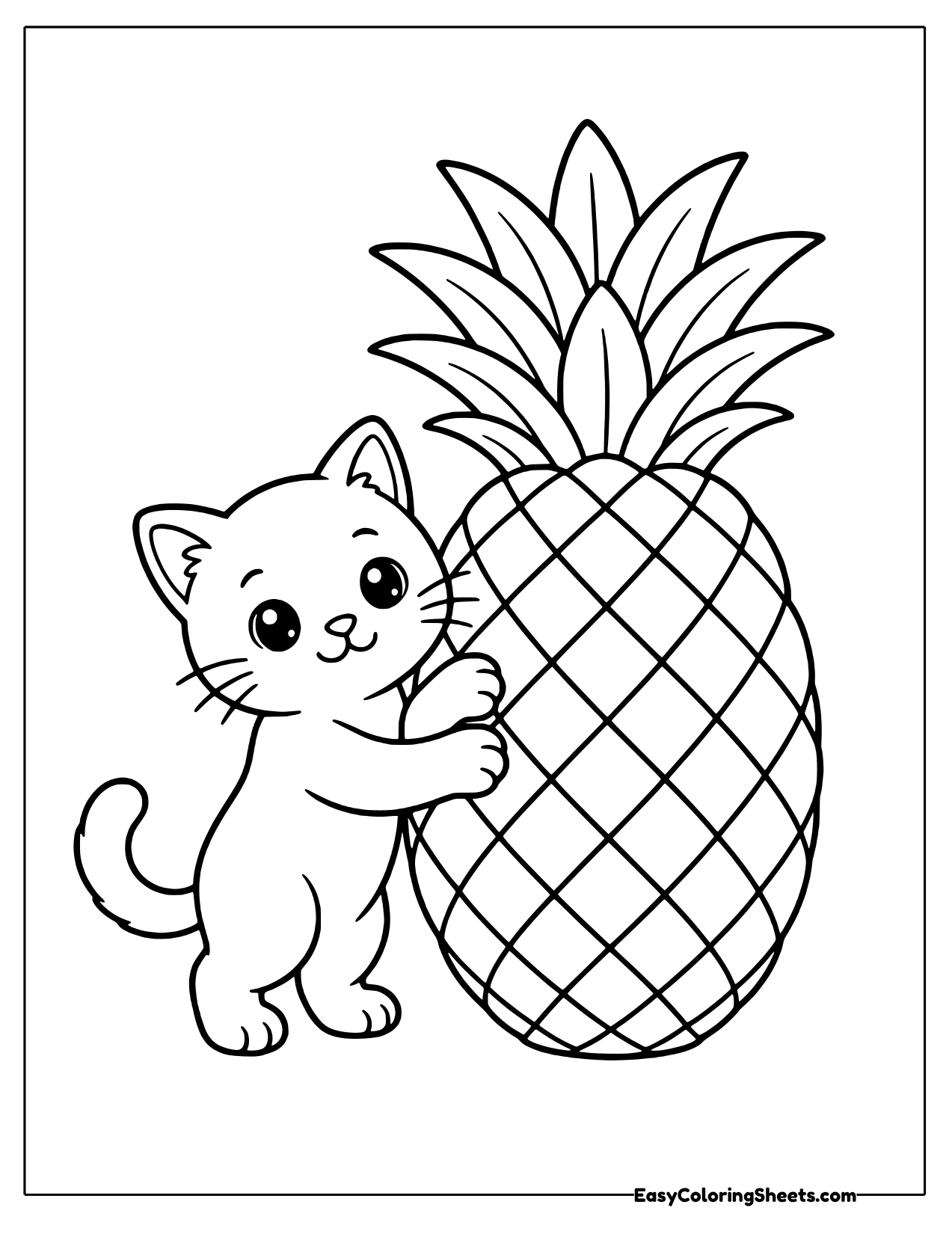 Kitten with a curly tail standing to hug a tall pineapple