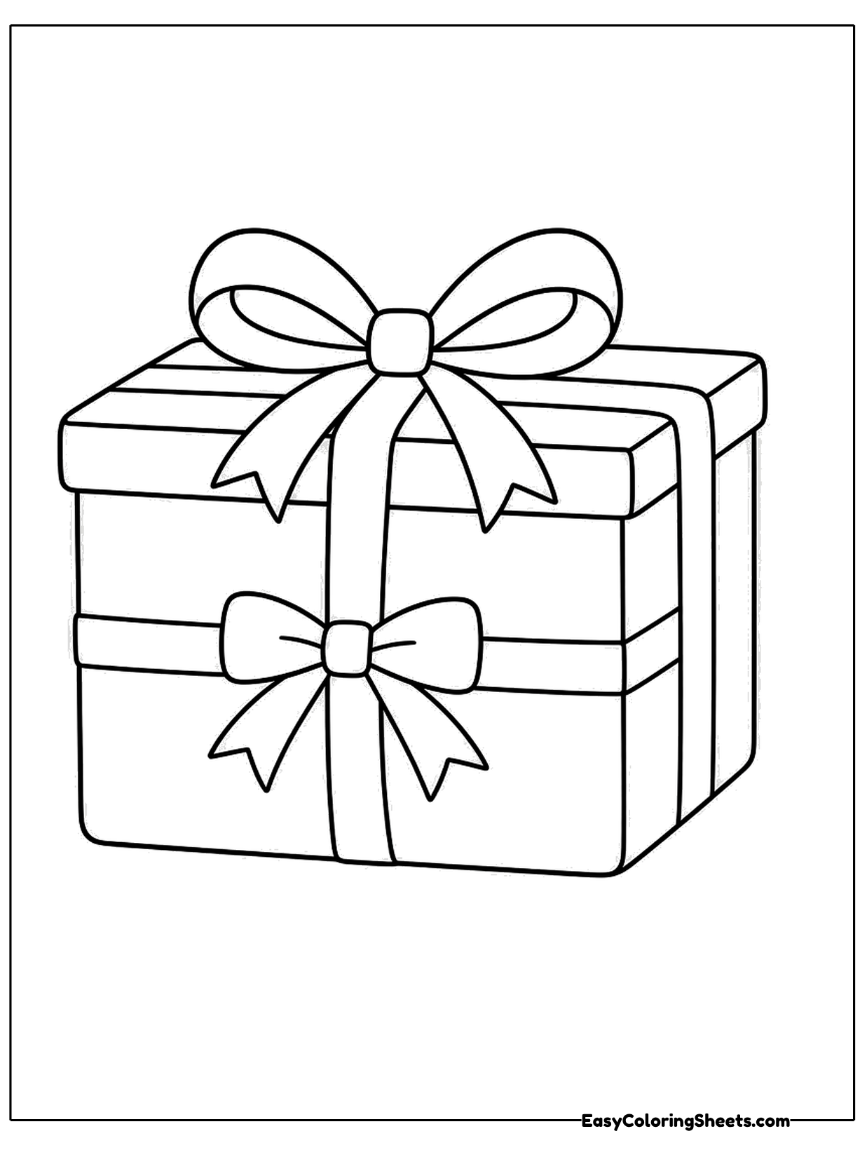 A cute present with a ribbon across its lid and a second bow on its front sits ready to open.