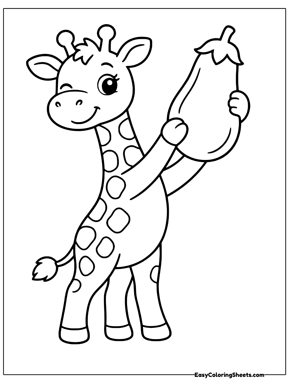 A playful giraffe gives a friendly wink as it holds up a long, shiny eggplant with a leafy cap.