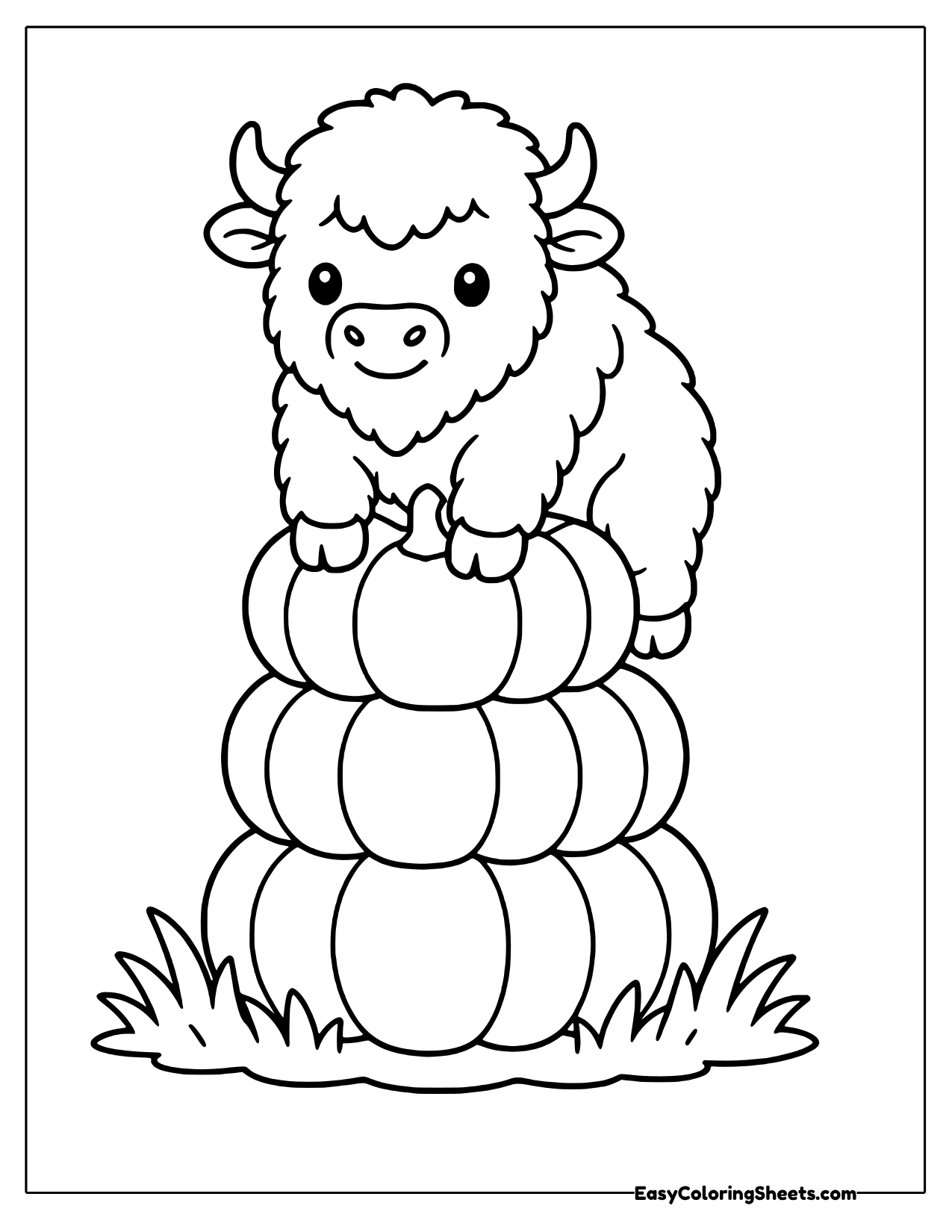 Bison sitting on a stack of pumpkins