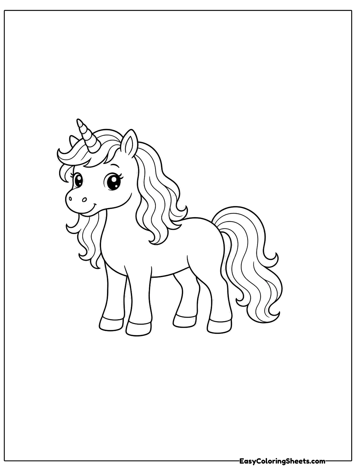A unicorn stands in profile with a wavy mane, a curly tail and a spiral horn.