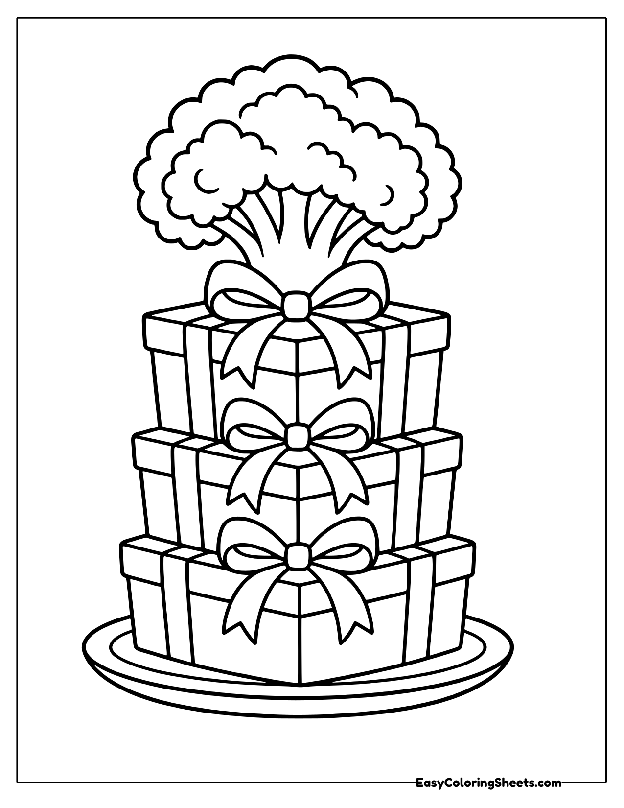 A broccoli crown sits on top of a tower of wrapped gift boxes tied with bows, resting on a round tray.