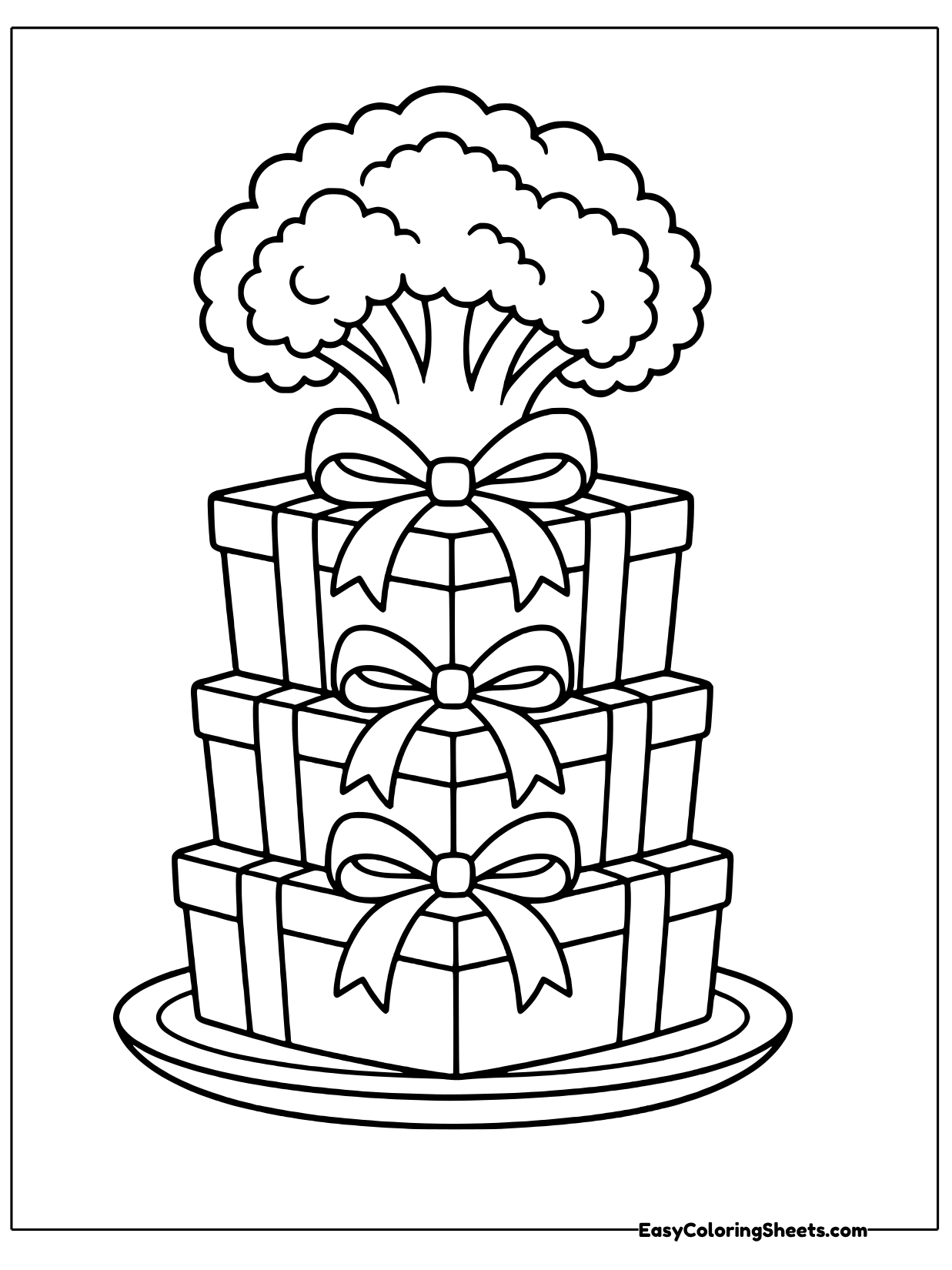 A broccoli crown sits on top of a tower of wrapped gift boxes tied with bows, resting on a round tray.