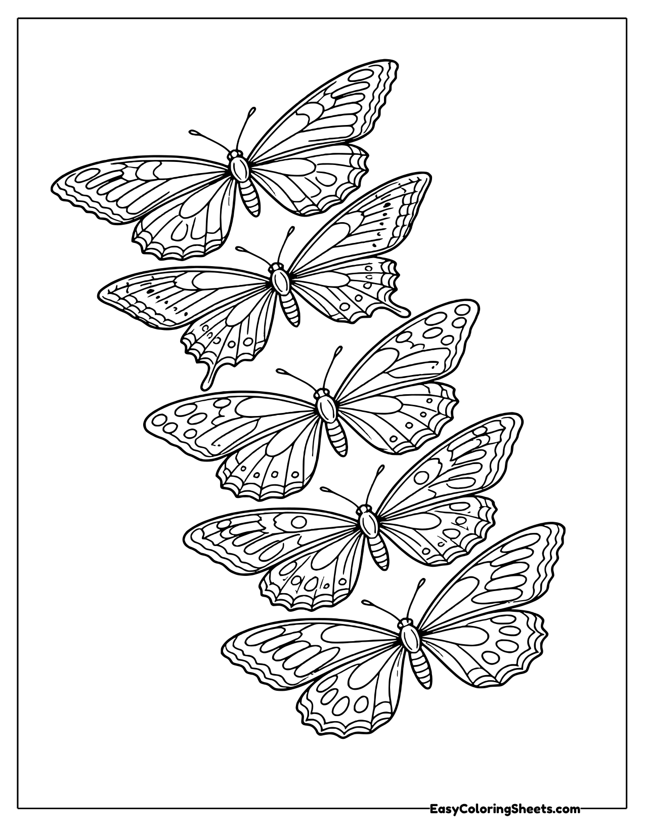 Five patterned butterflies stacked in a tall column