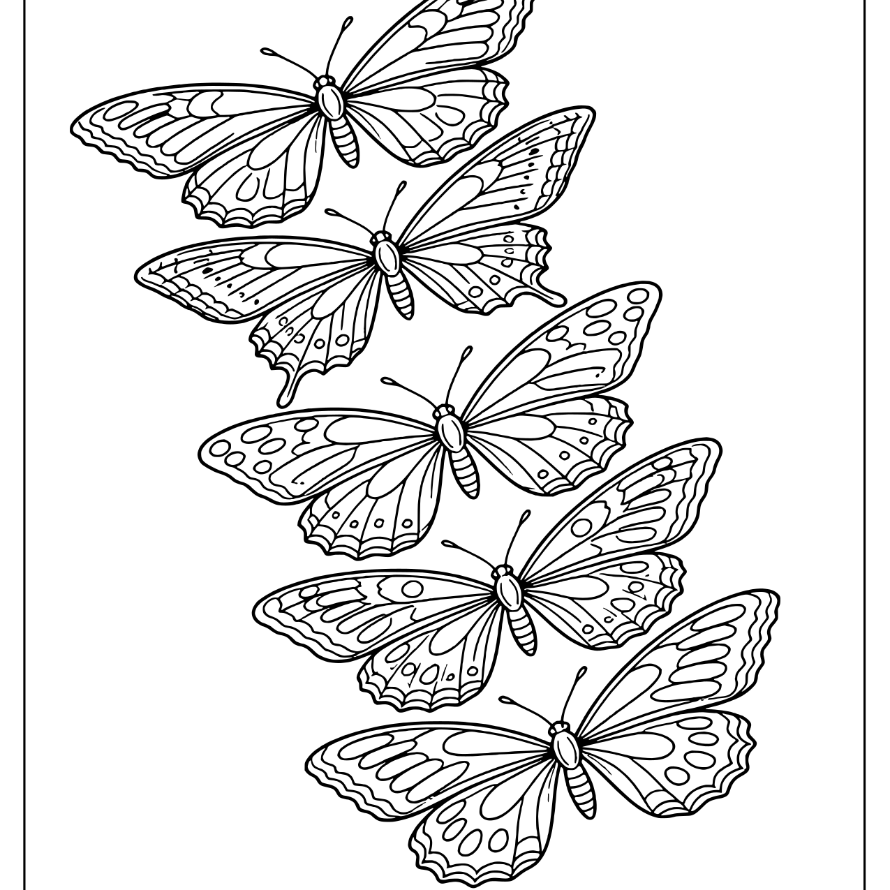 Five patterned butterflies stacked in a tall column