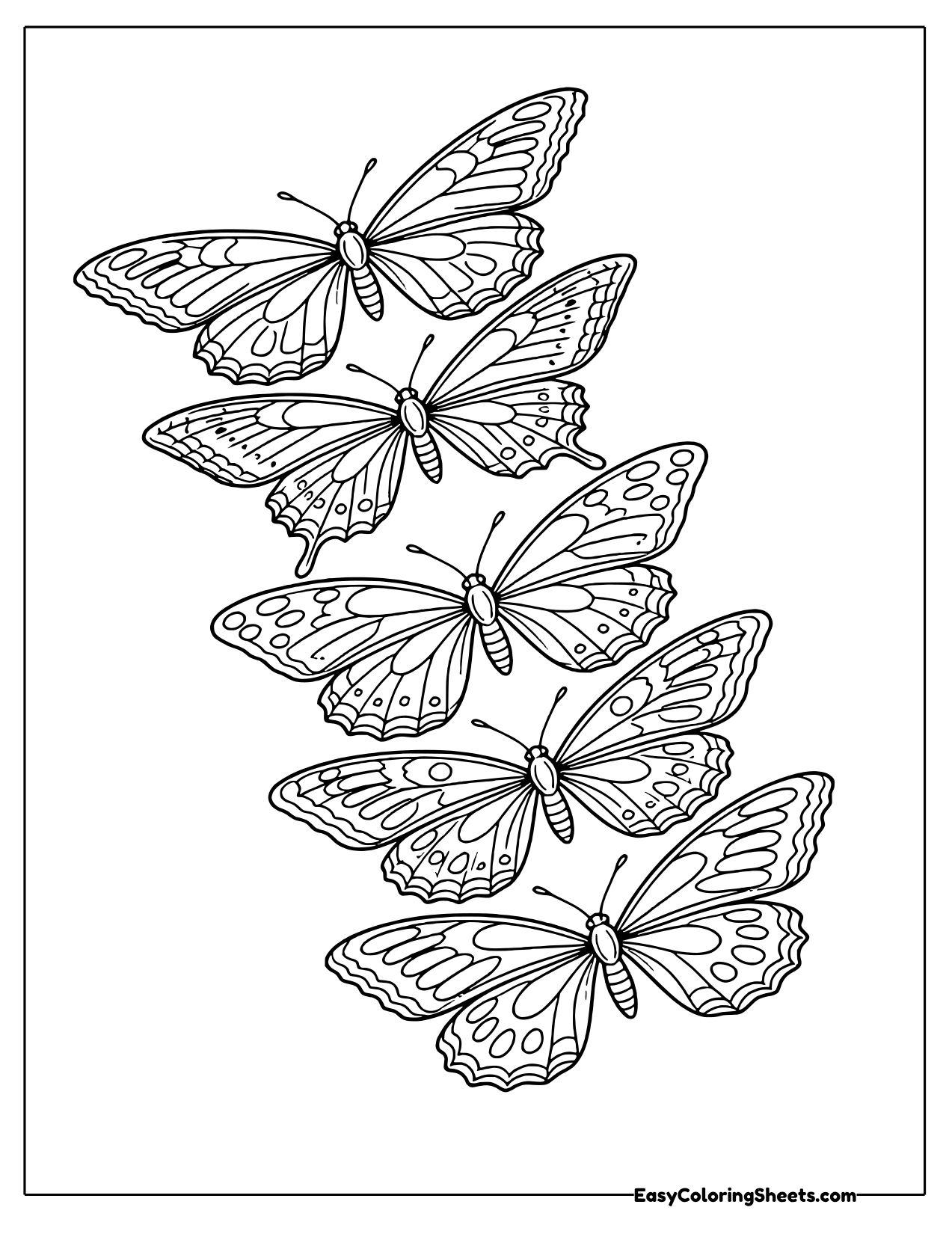 Five patterned butterflies stacked in a tall column
