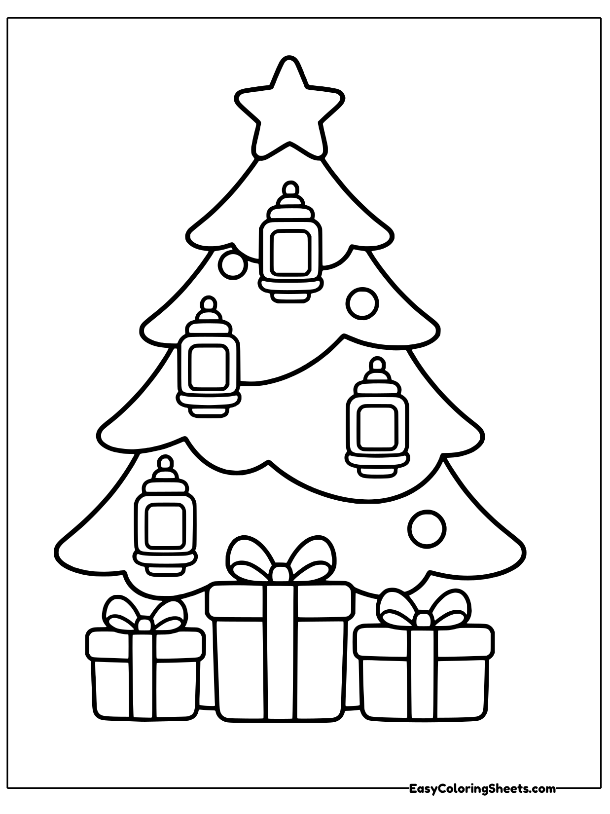 Small lanterns hang from the branches of a layered Christmas tree, with a star on top and gifts underneath.