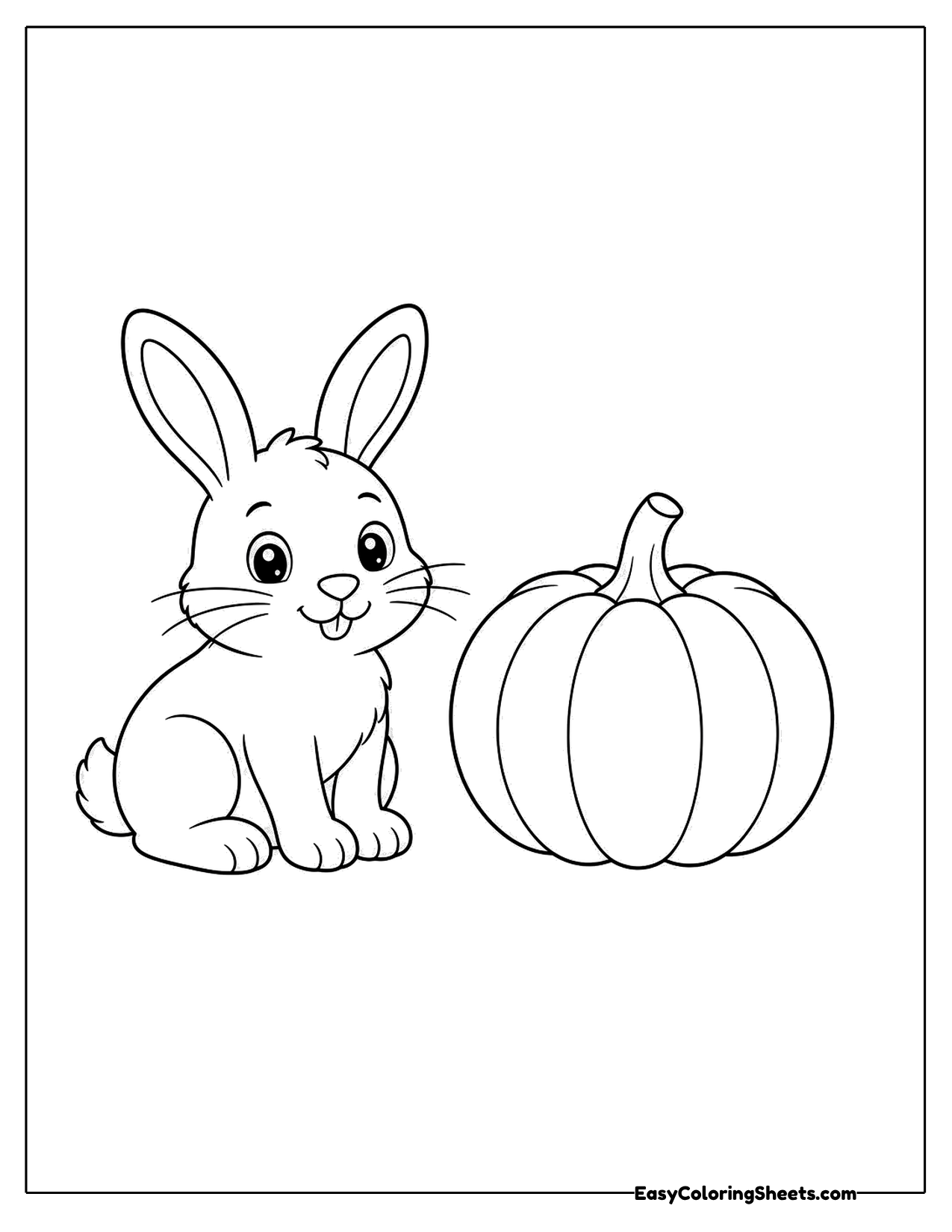 Bunny sitting beside a round ribbed pumpkin