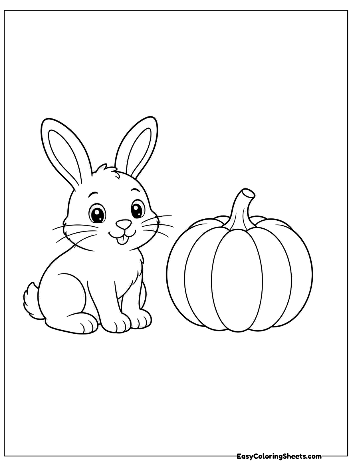 A bunny sits beside a big round pumpkin with deep ribs and a curly stem.