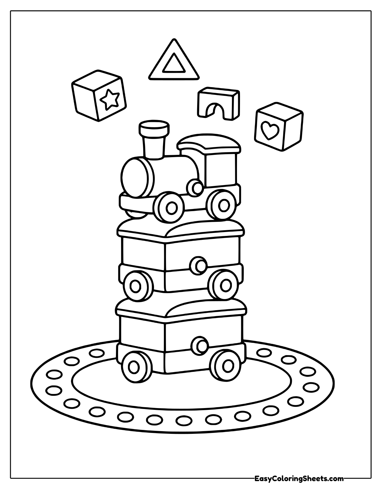 Toy train cars stacked into a tower with shape blocks