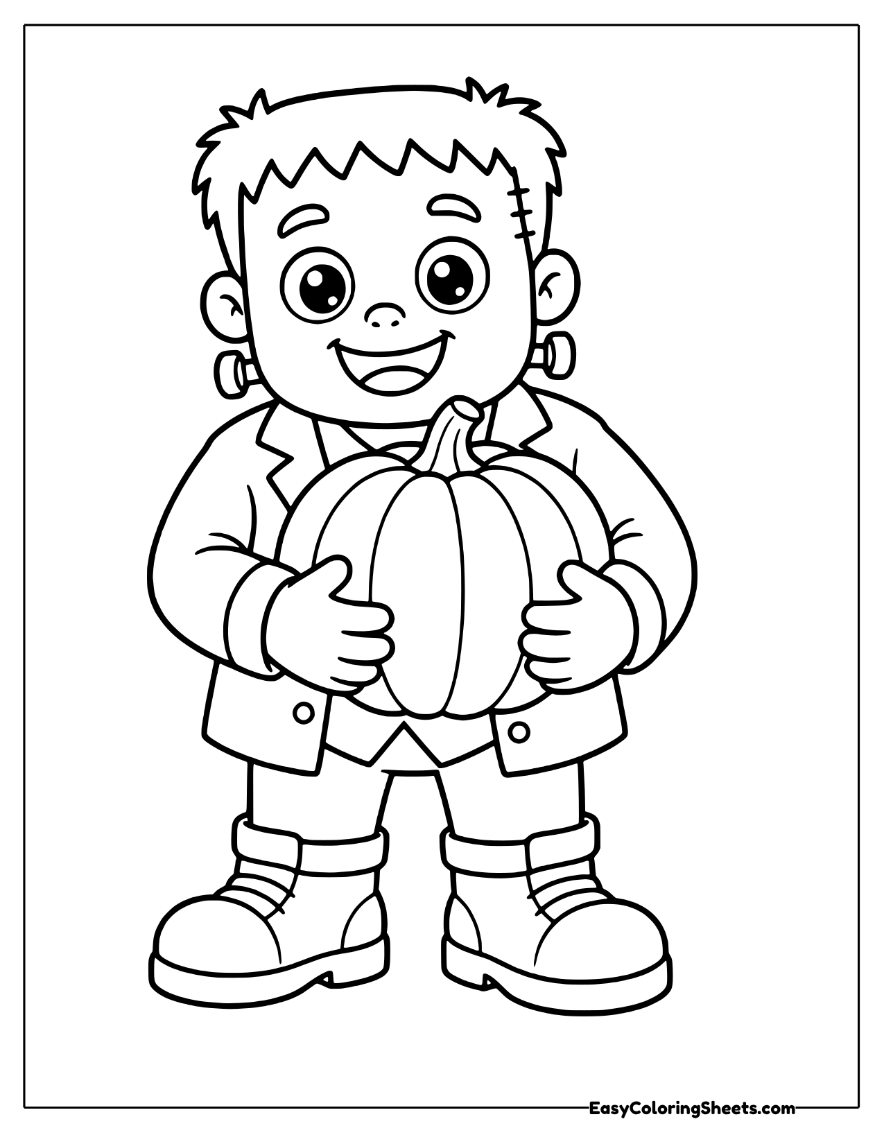 Smiling monster hugging a big round pumpkin