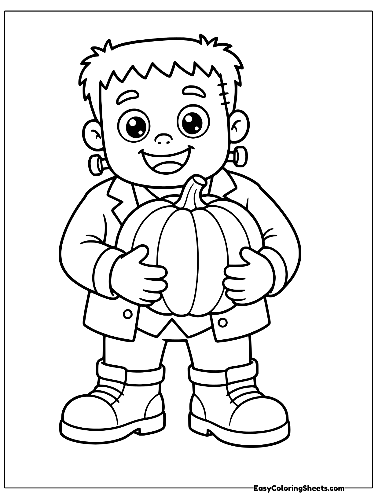 A happy monster with neck bolts wraps its arms around a big pumpkin with deep ridges and a curly stem.