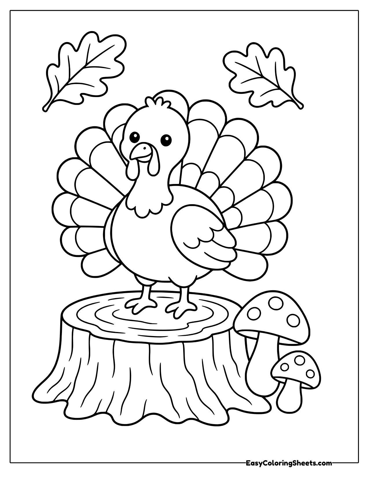 Turkey standing on a tree stump next to two mushrooms