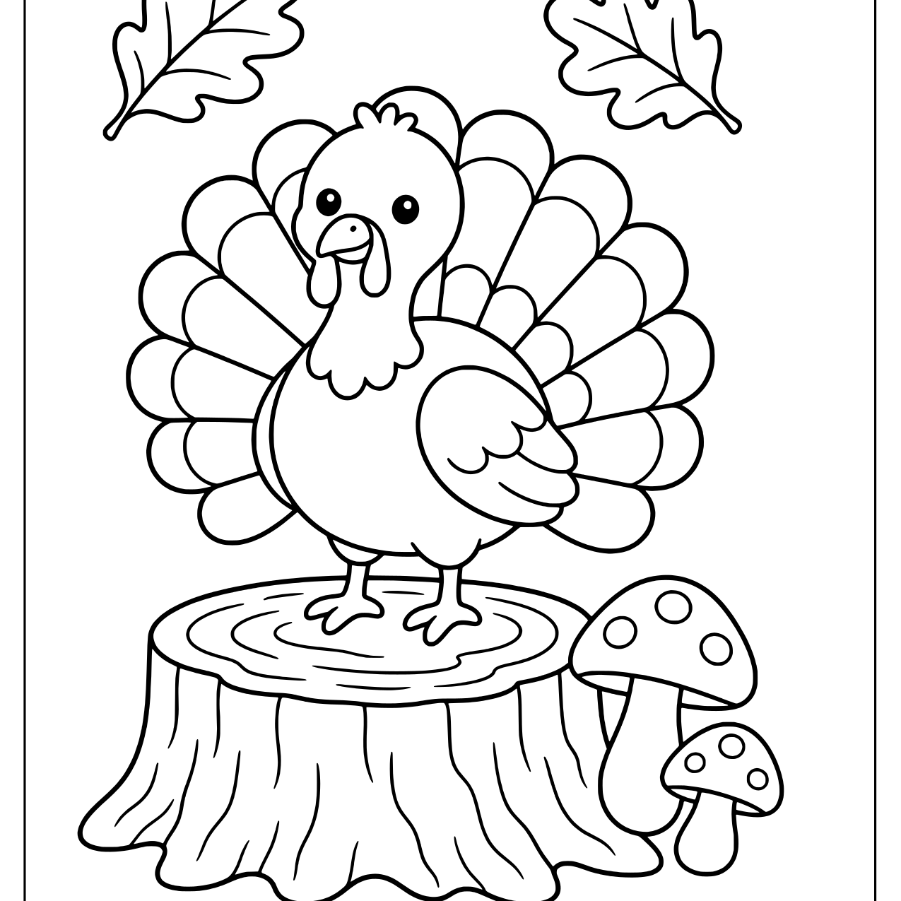 Turkey standing on a tree stump next to two mushrooms