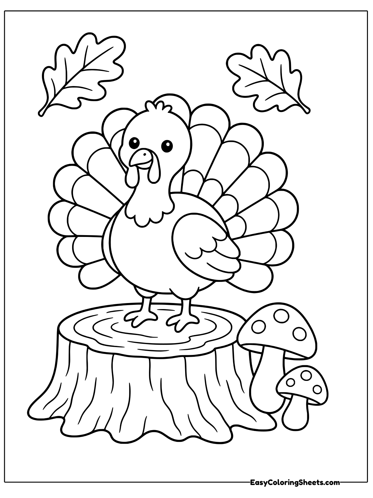 A friendly turkey stands proudly on a wide tree stump with two spotted mushrooms growing beside it and oak leaves floating.