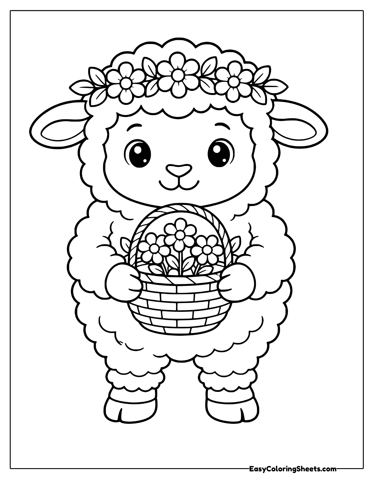 Woolly lamb wearing a daisy crown and holding a basket of flowers