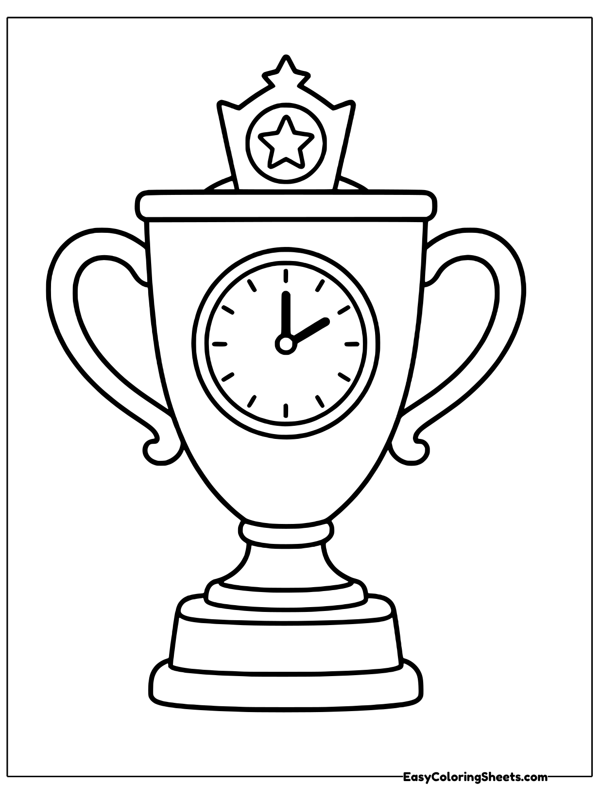 A tall trophy cup with two handles holds a round clock in its center and a star badge on top.