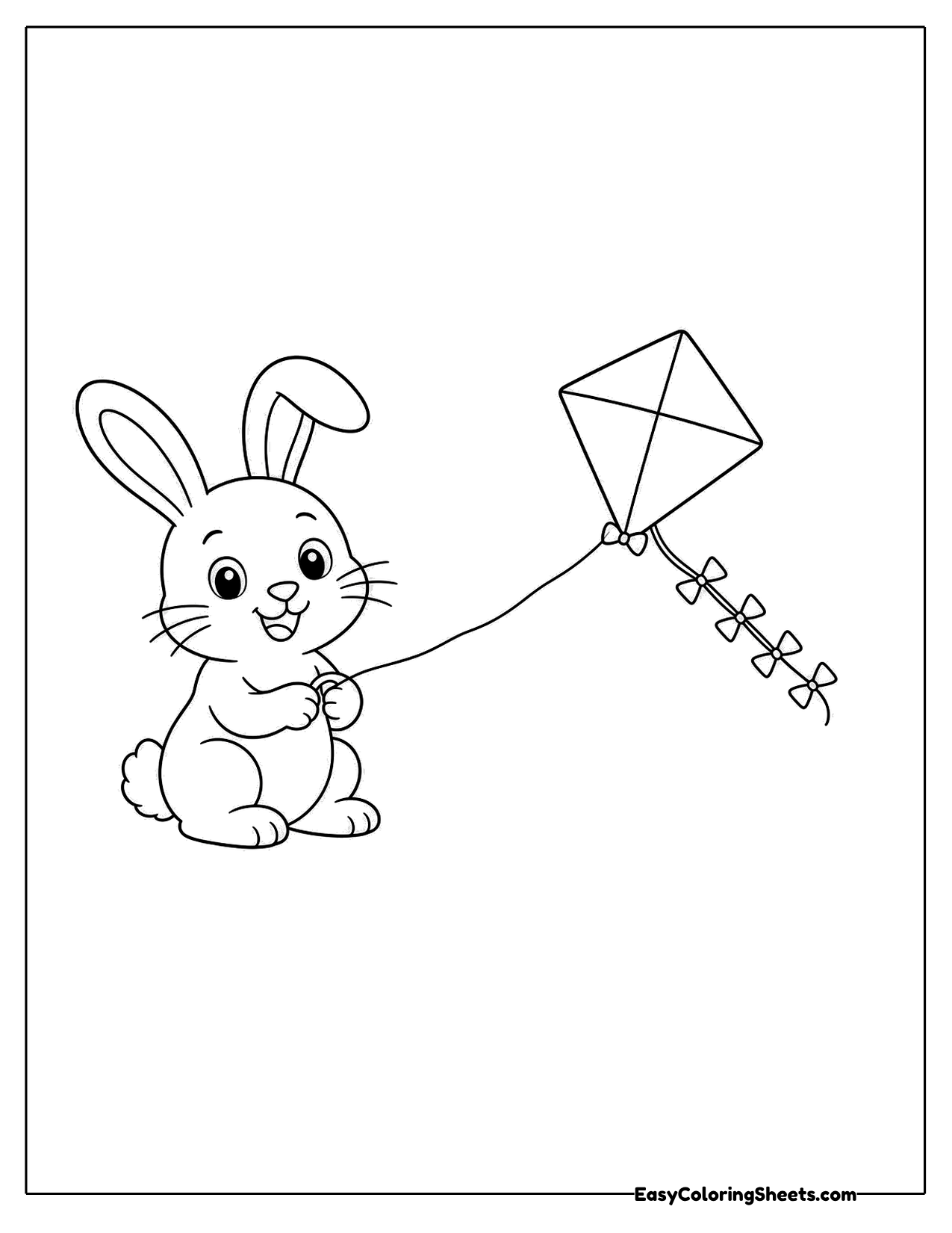 Bunny holding the string of a diamond kite with a bow tail