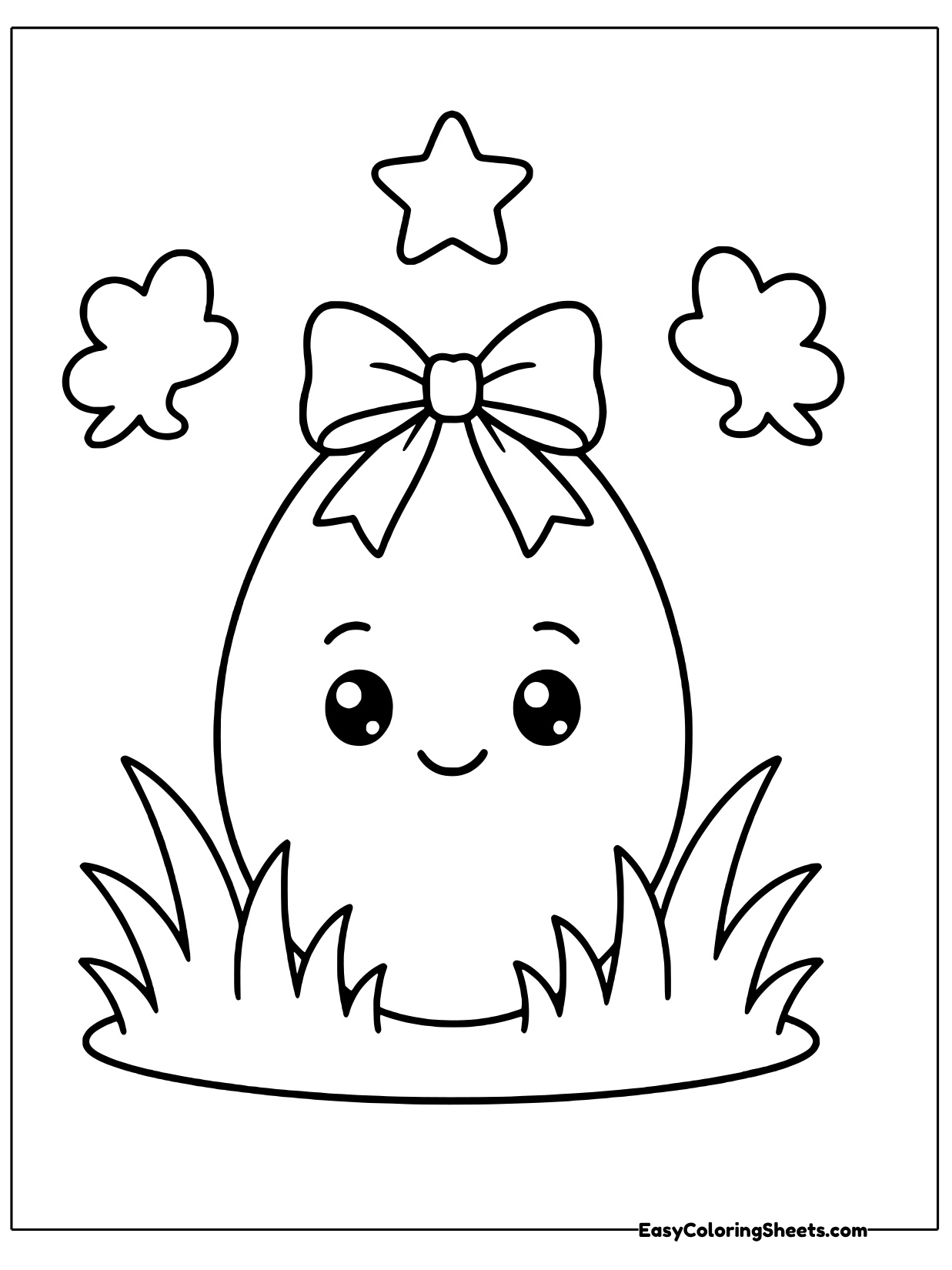 A smiling egg with a big bow on top stands in the grass with a star and clouds in the sky.
