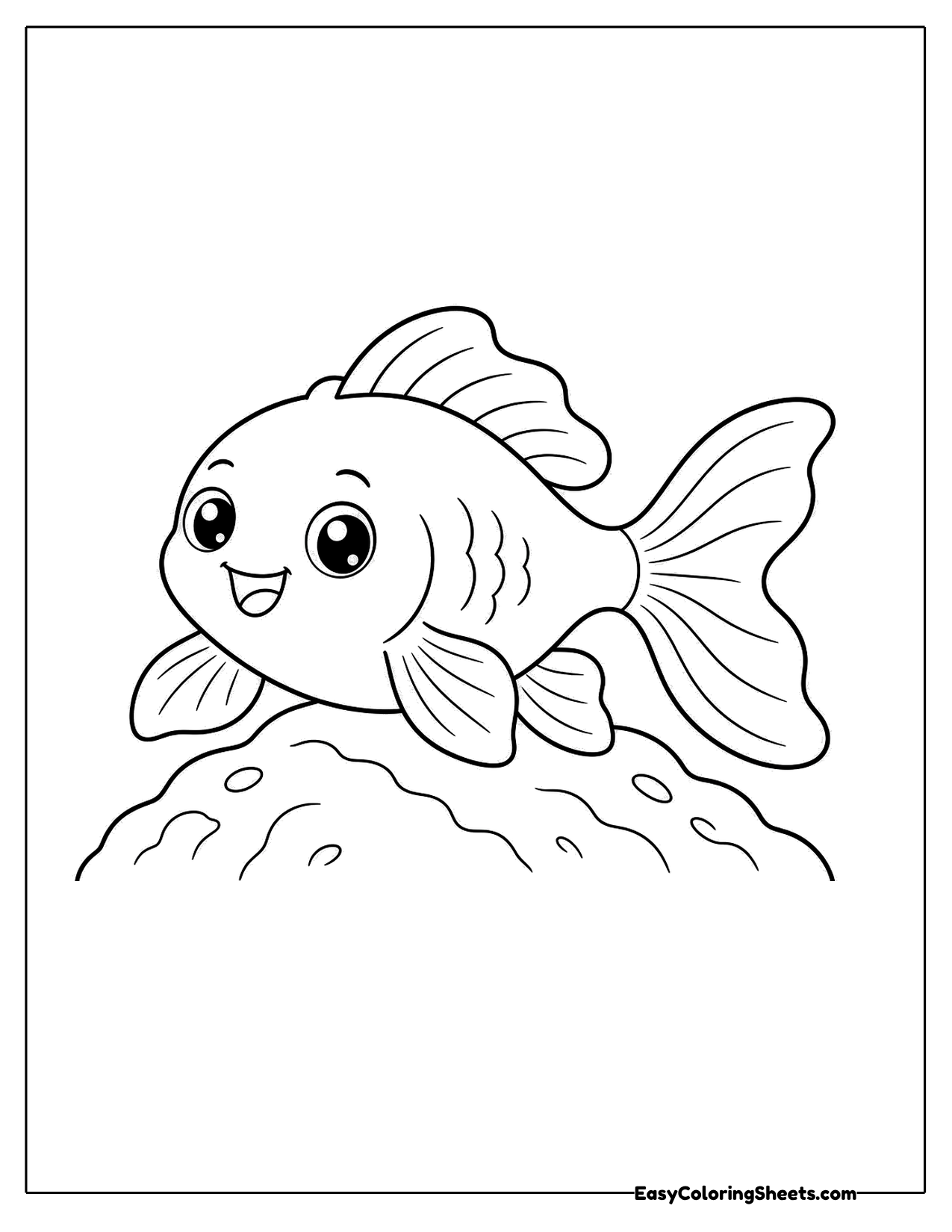 Goldfish gliding over a bumpy rock on the bottom