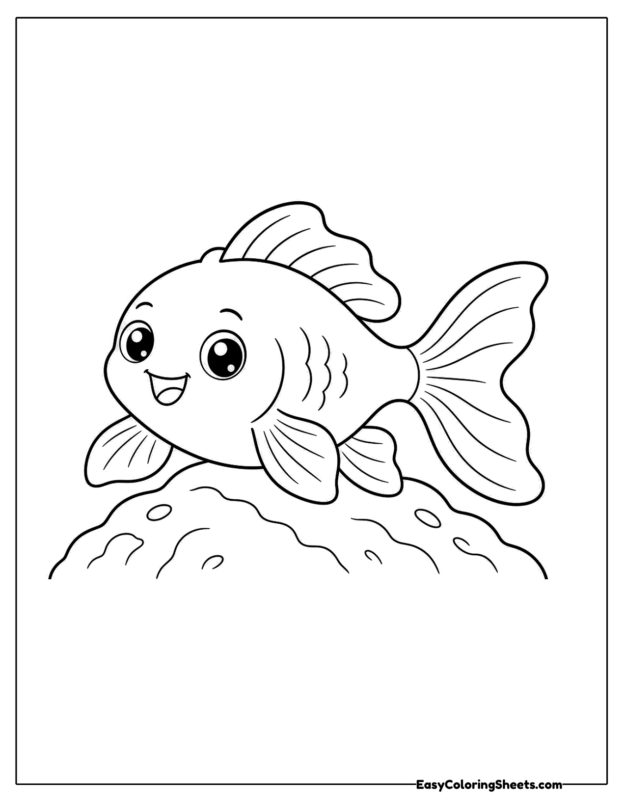 Goldfish gliding over a bumpy rock on the bottom