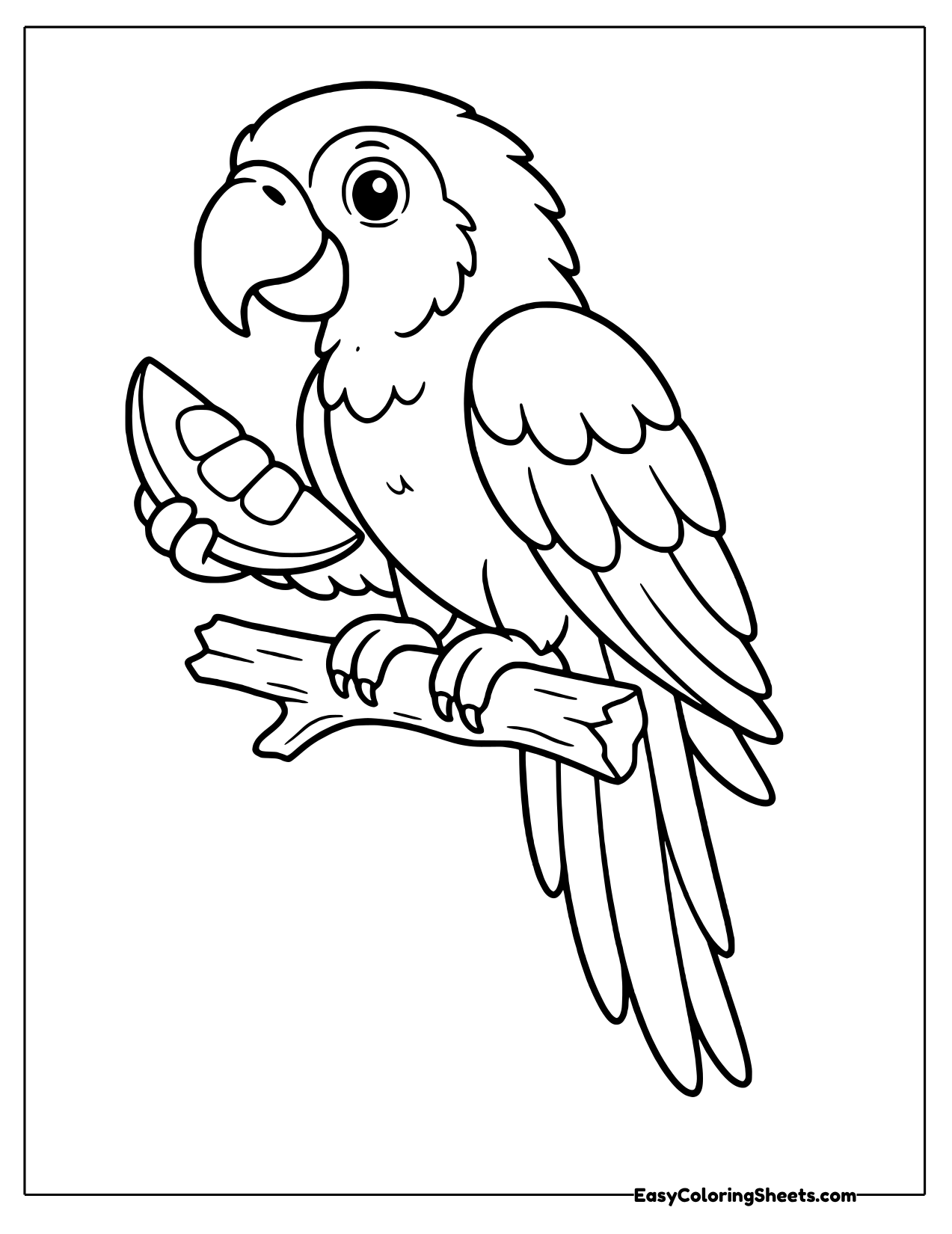 Macaw holding a mango slice on a branch