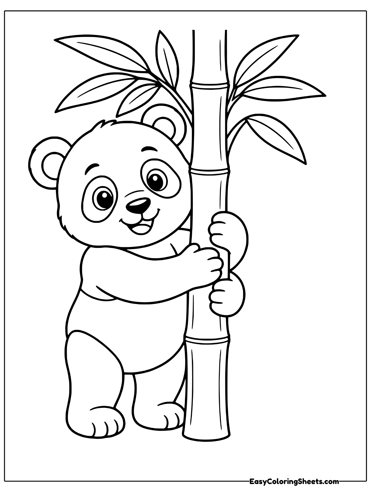A panda clings to a tall bamboo stalk with both arms, with leaves spreading above.