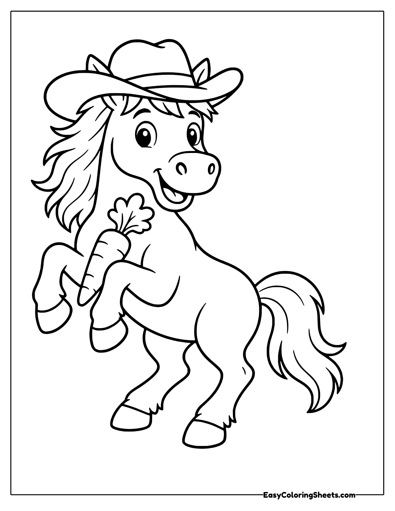 Smiling horse in a cowboy hat prancing and holding a carrot