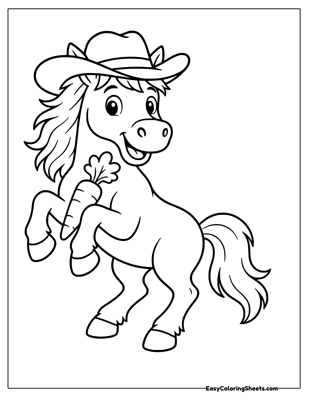 Smiling horse in a cowboy hat prancing and holding a carrot