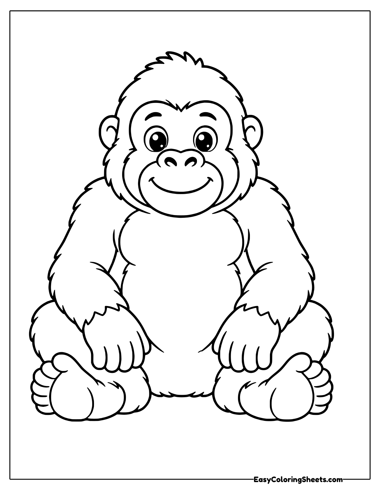 Gorilla sitting and facing forward with a gentle smile