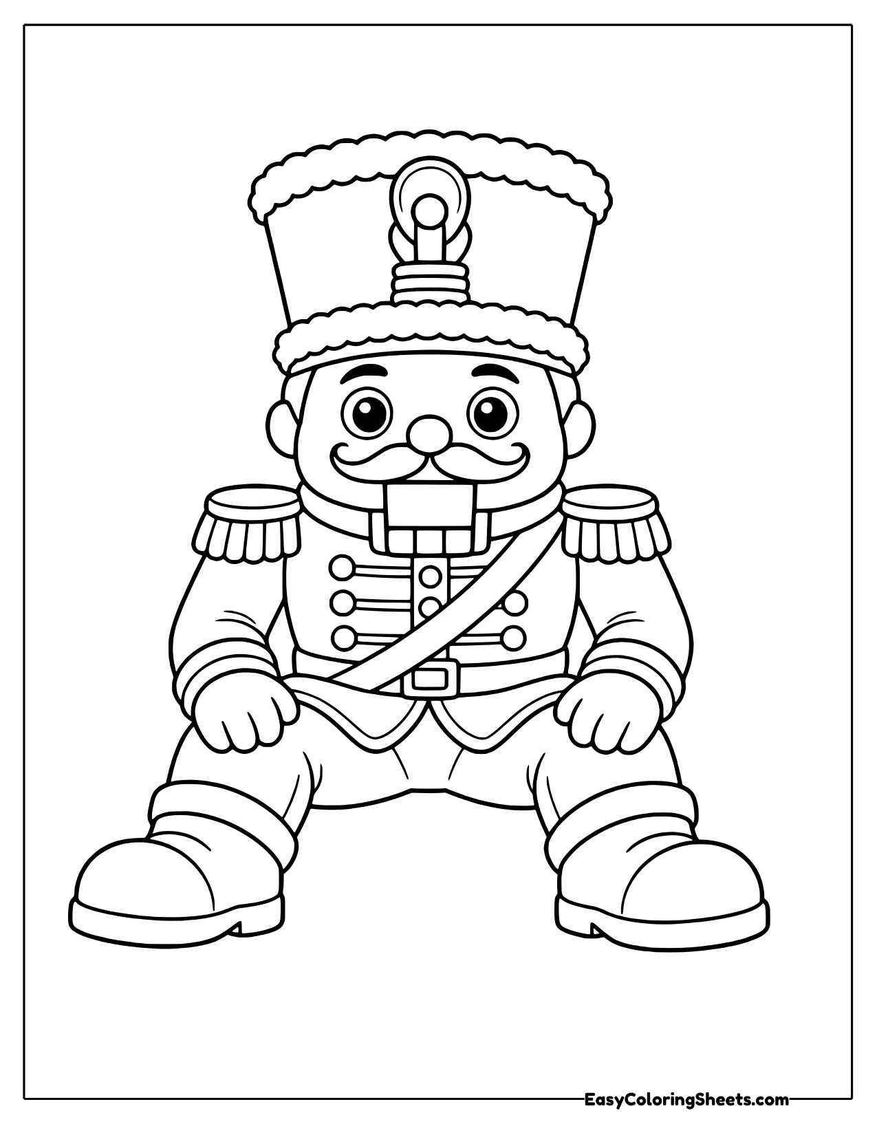 Chubby nutcracker sitting on the floor with legs out