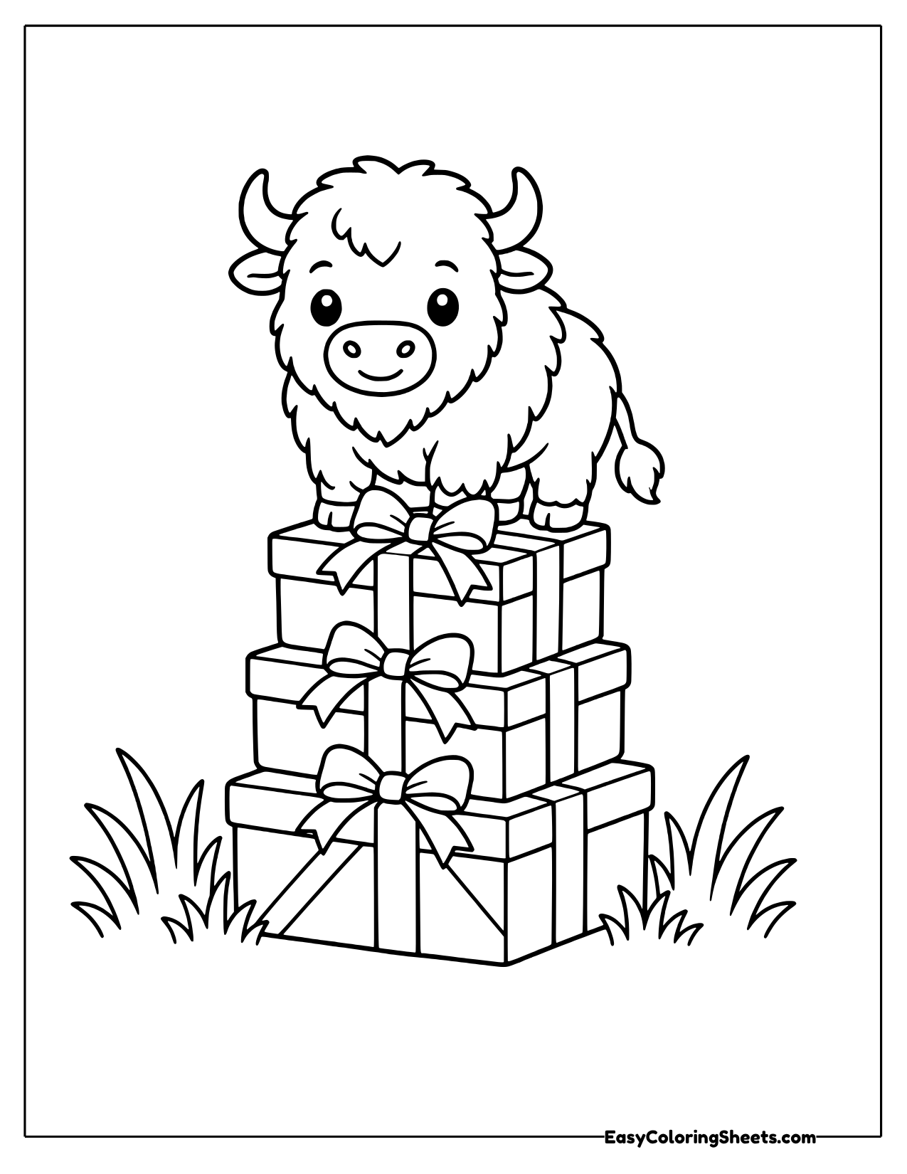 Bison sitting on a stack of gift boxes