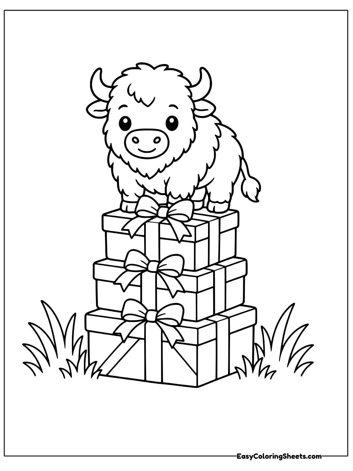 A bison sits on top of a stack of wrapped presents with bows.