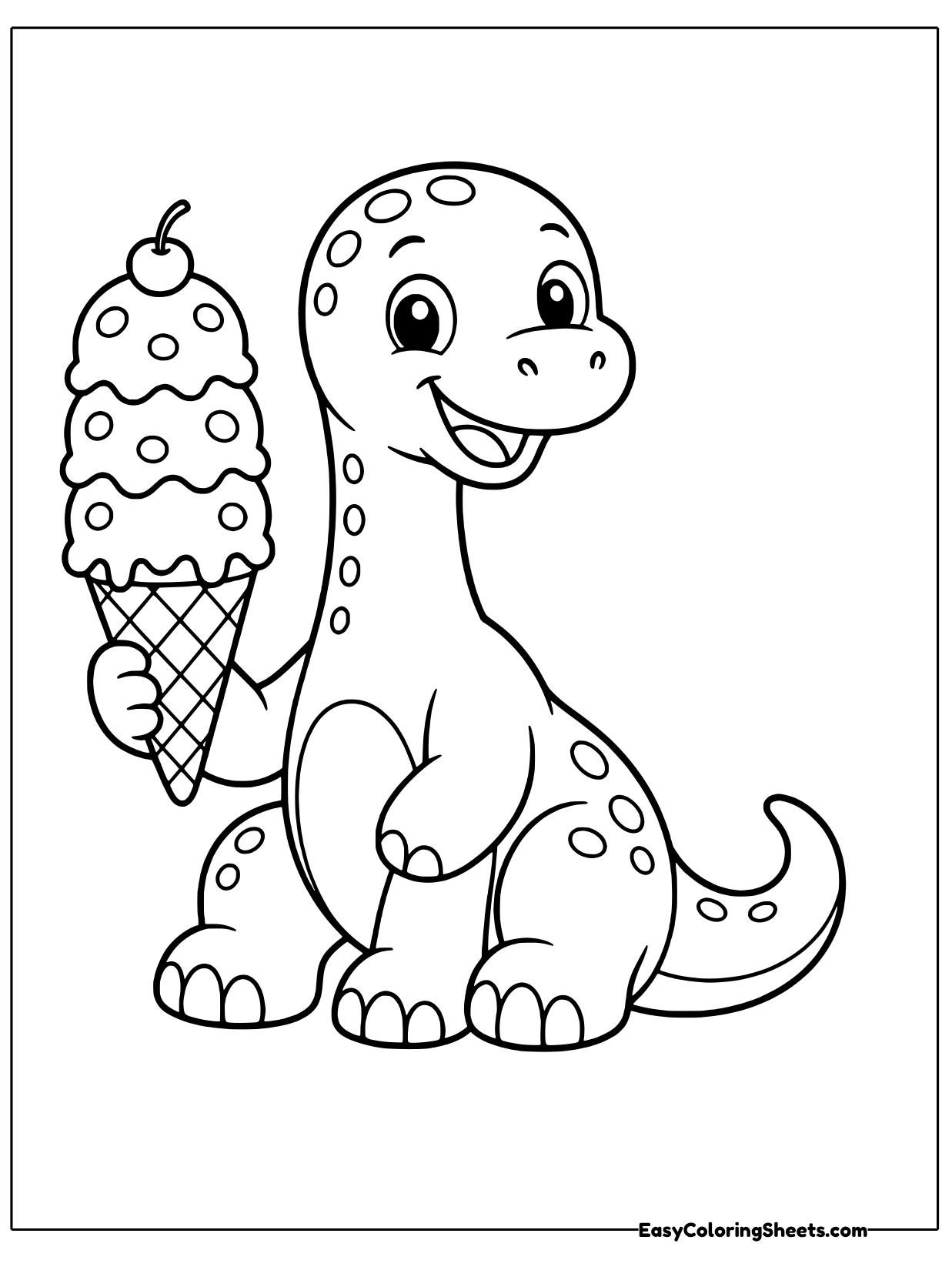 A smiling brachiosaurus sits back on its tail and holds up a towering ice cream cone with three scoops and a cherry on top.