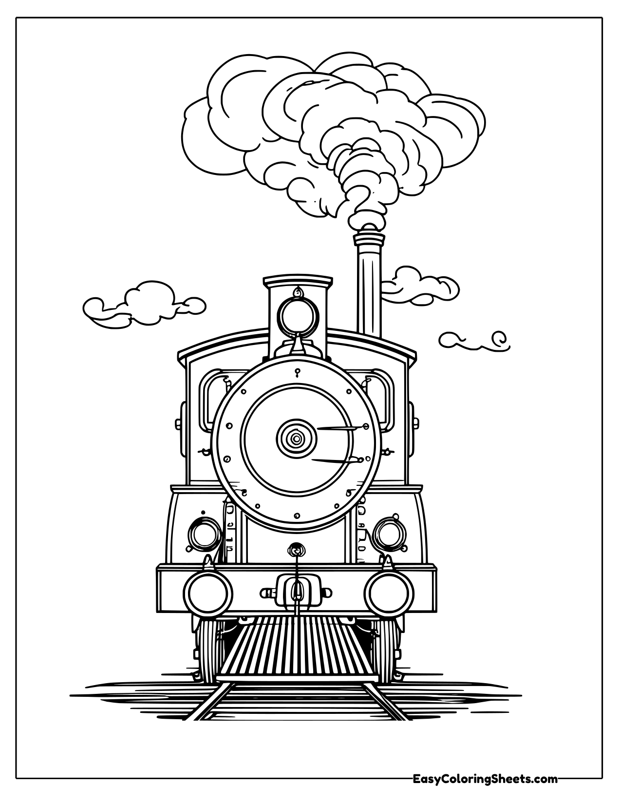 Front view of a classic steam locomotive with a bell, headlamp and puffy smoke clouds