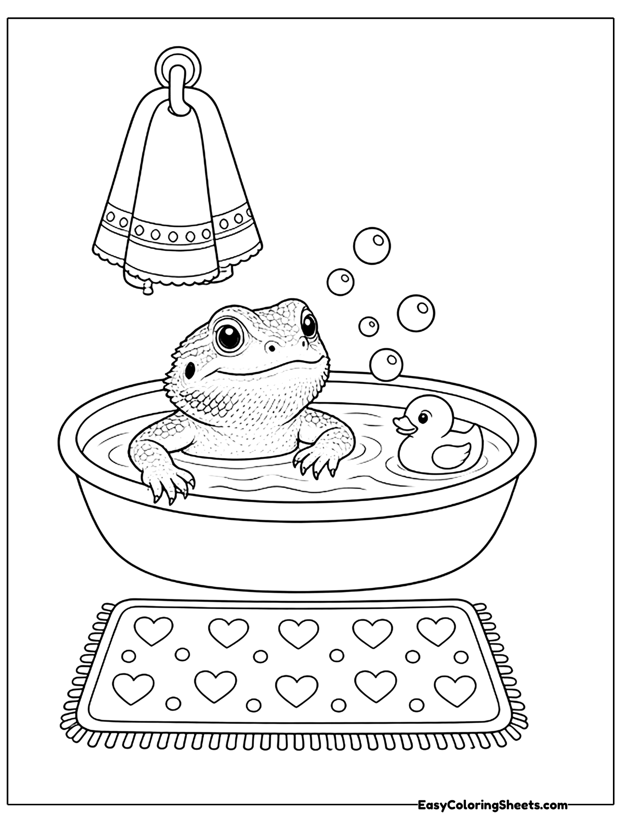 A bearded dragon sits in a small tub of water with bubbles floating up, beside a hanging towel and a heart-patterned mat.