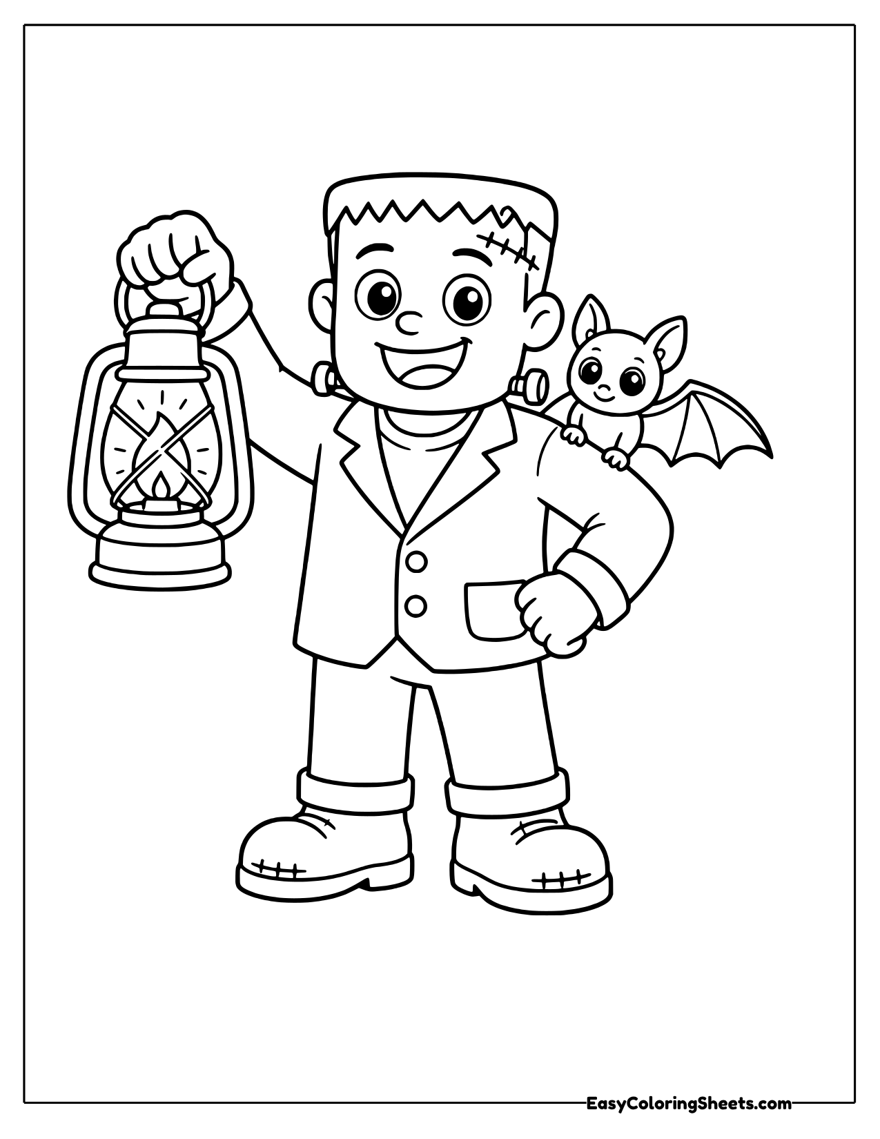 A cartoon monster with neck bolts stands between a classic hanging lantern and a small smiling bat.