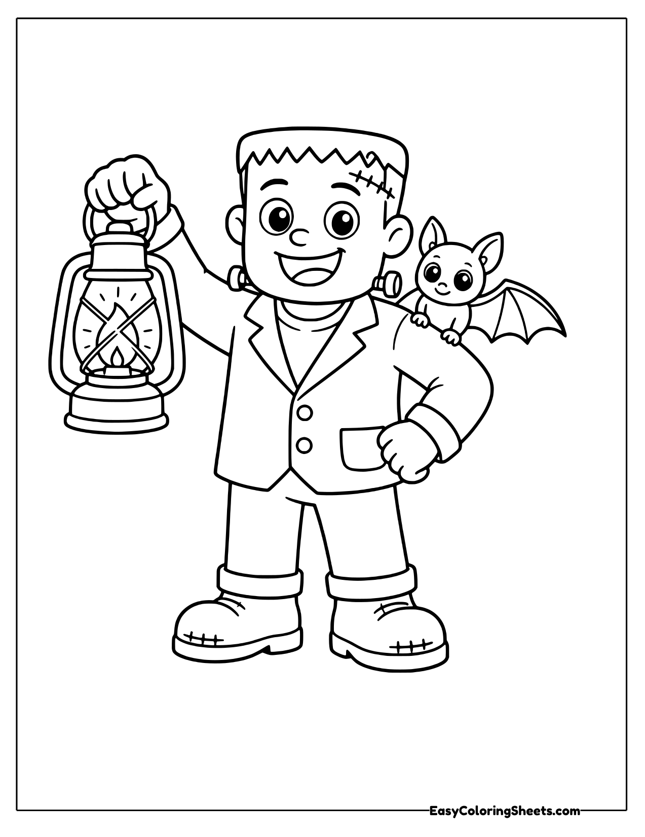 Monster standing between an old lantern and a little bat