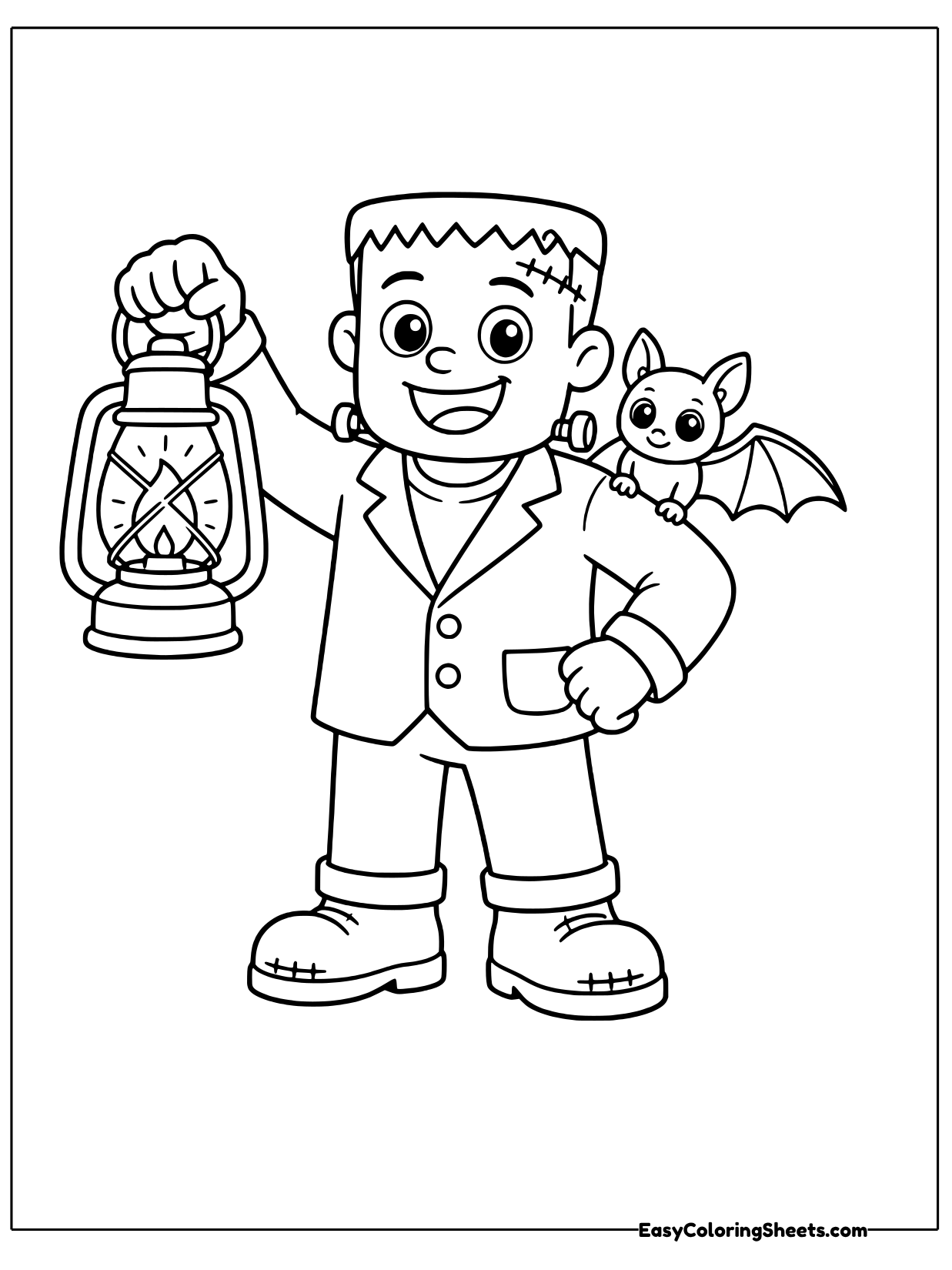 A cartoon monster with neck bolts stands between a classic hanging lantern and a small smiling bat.