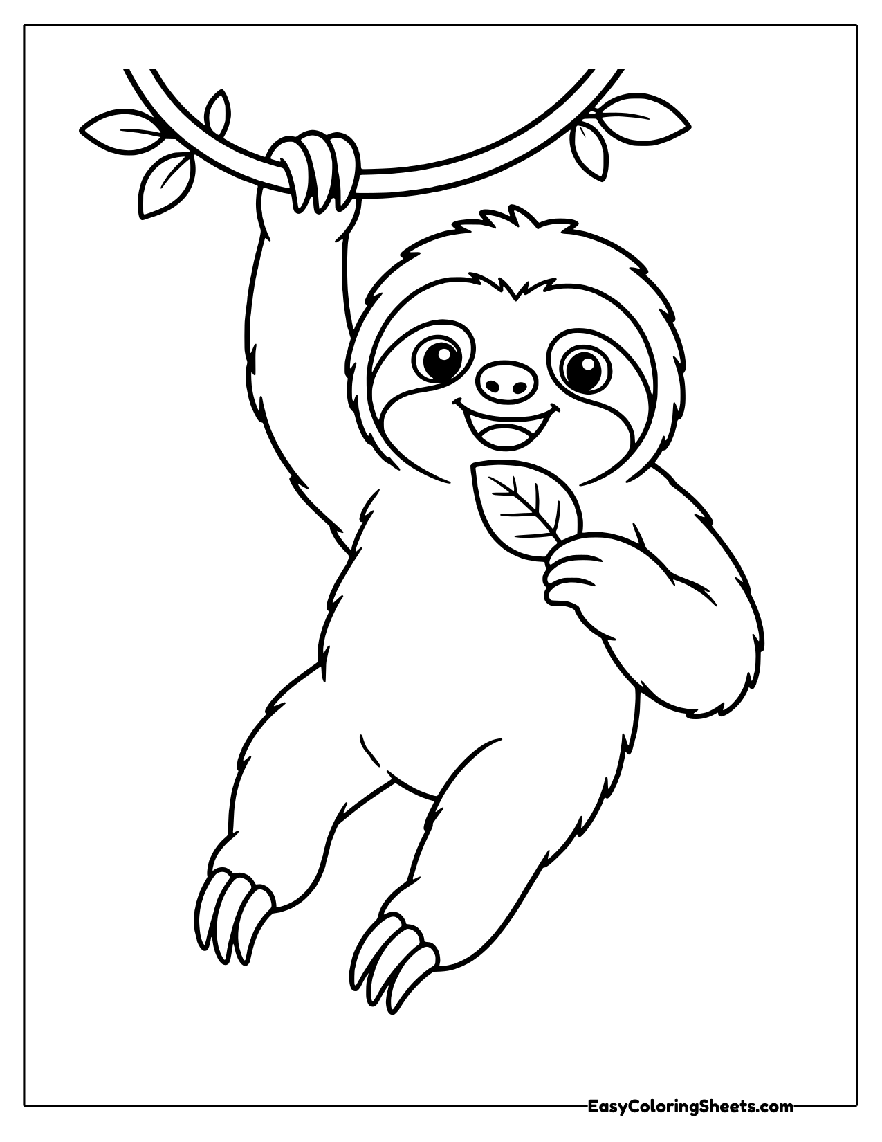 Sloth hanging from a vine and holding a leaf