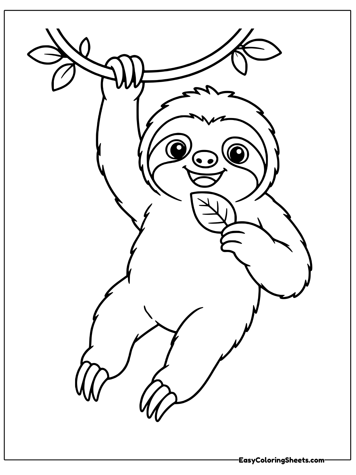 A playful sloth hangs from a curving vine by one arm while nibbling a leaf held in the other.