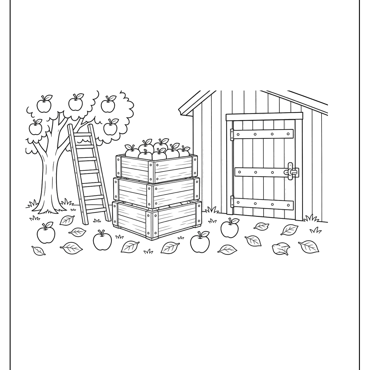 Wooden apple crates stacked beside a barn door with an apple tree and ladder