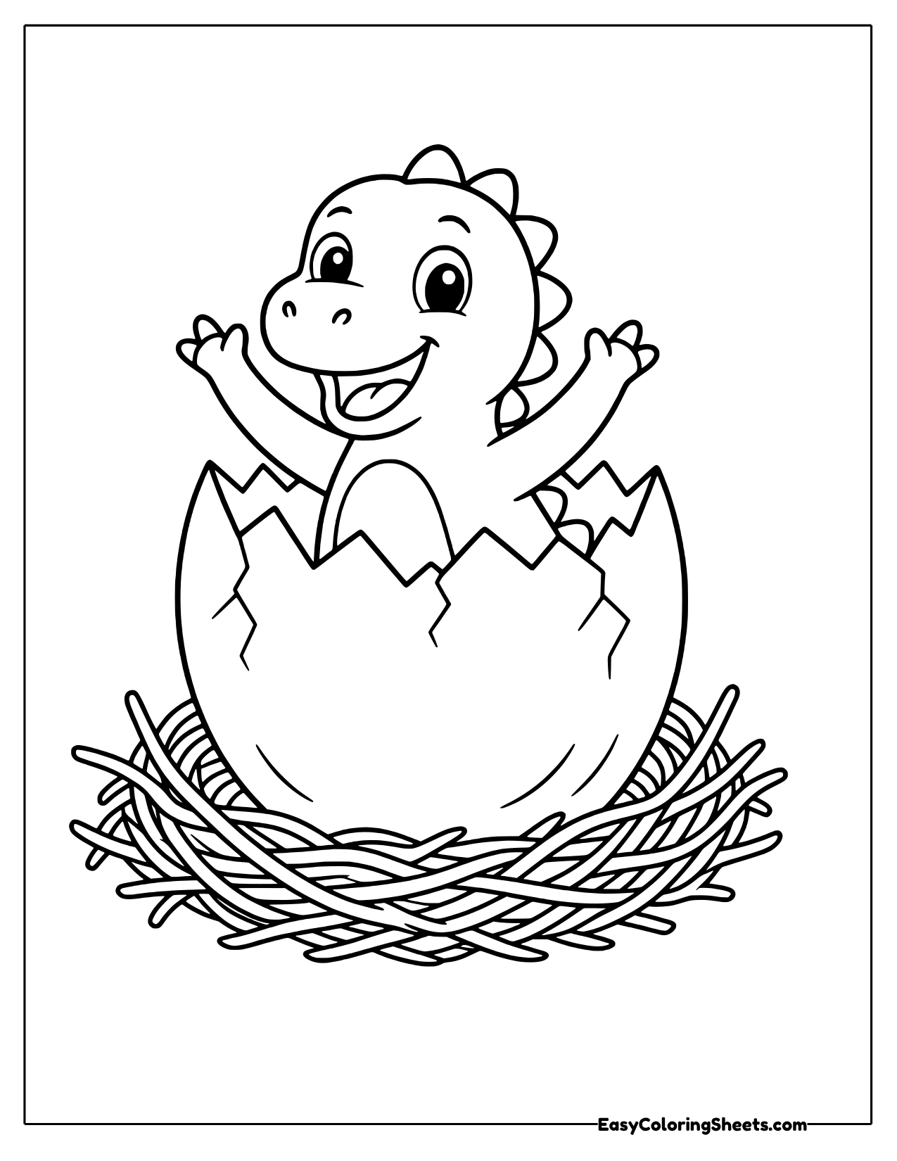 Baby dinosaur cheering from an egg in a nest