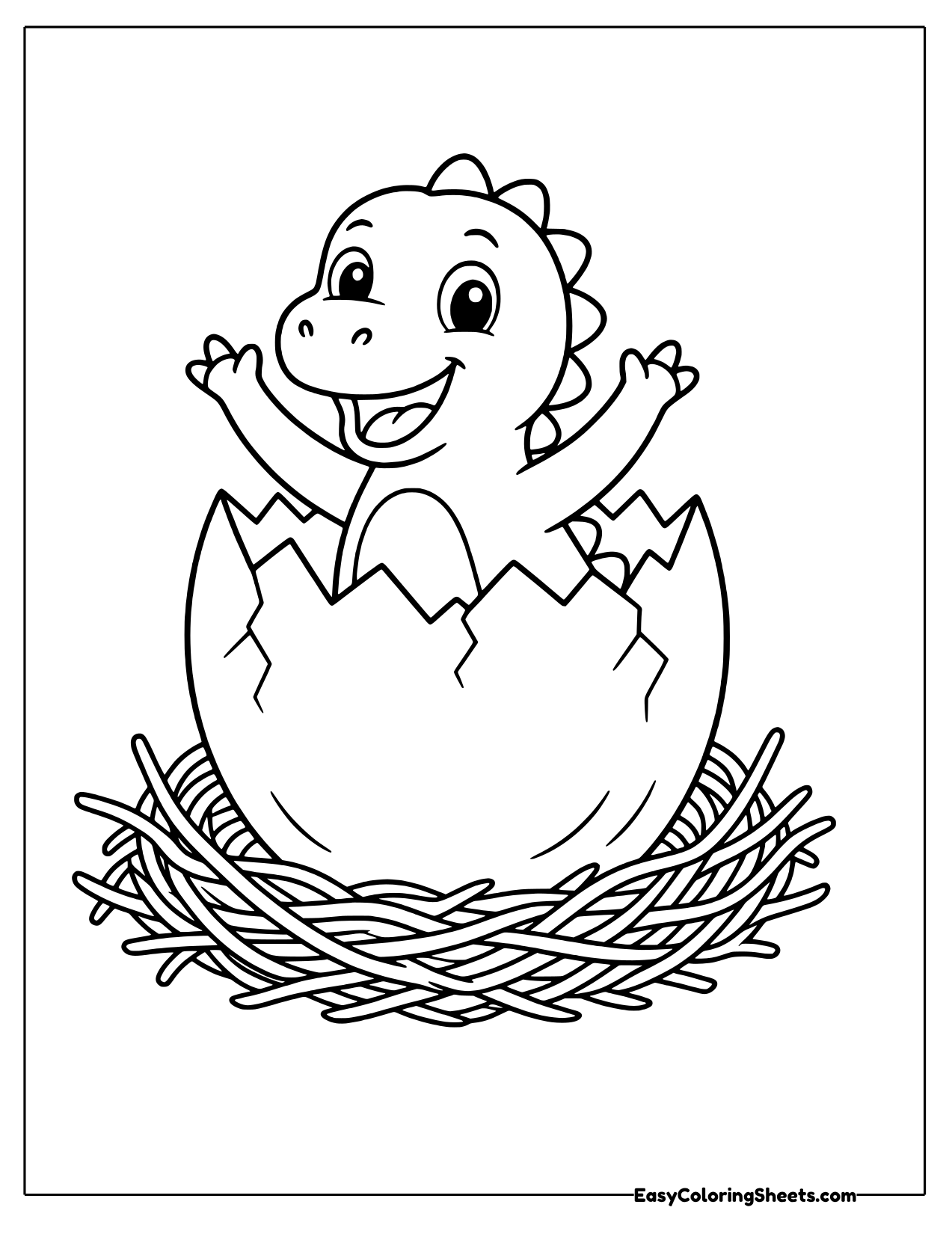 Baby dinosaur cheering from an egg in a nest